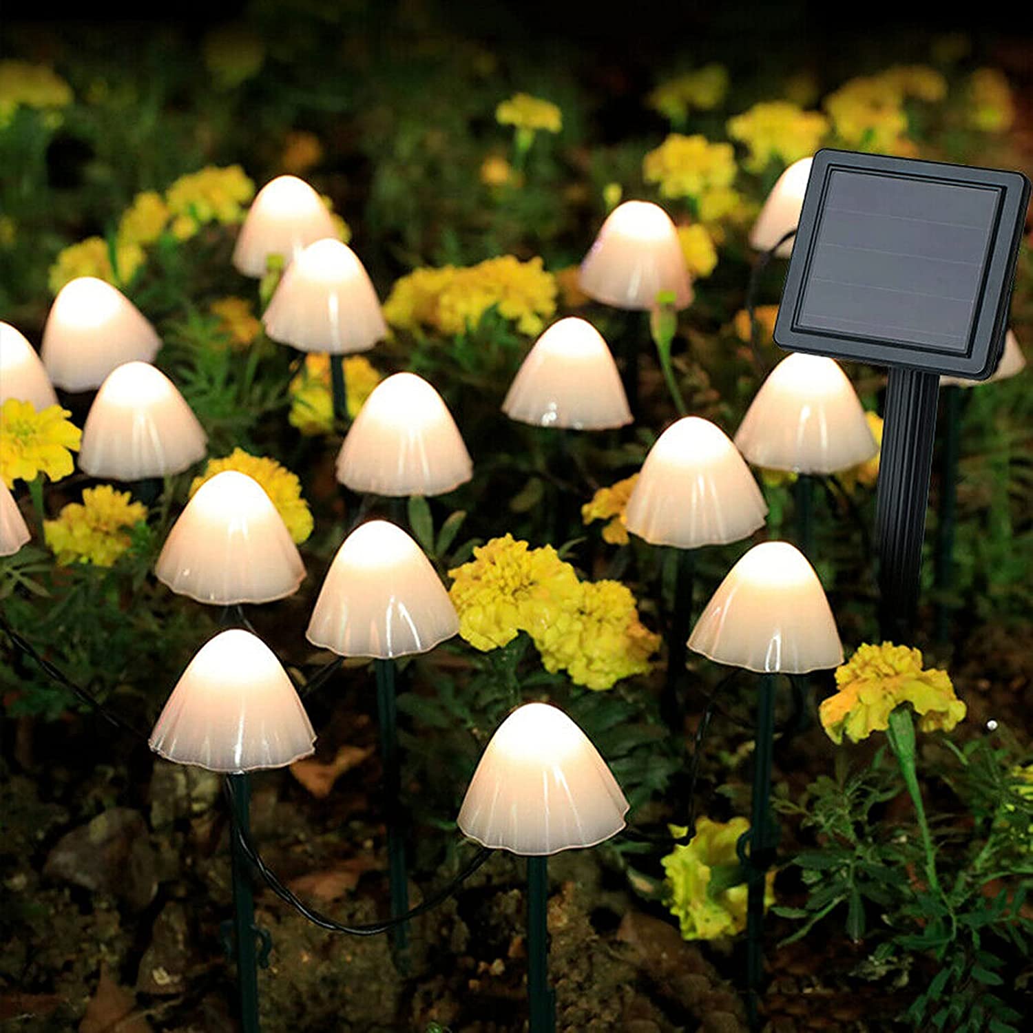 Solar Light Outdoor Garden Mini String LED Mushroom 29.5ft Pathway Patio Landscape Lamp Set of 15 (Warm White)