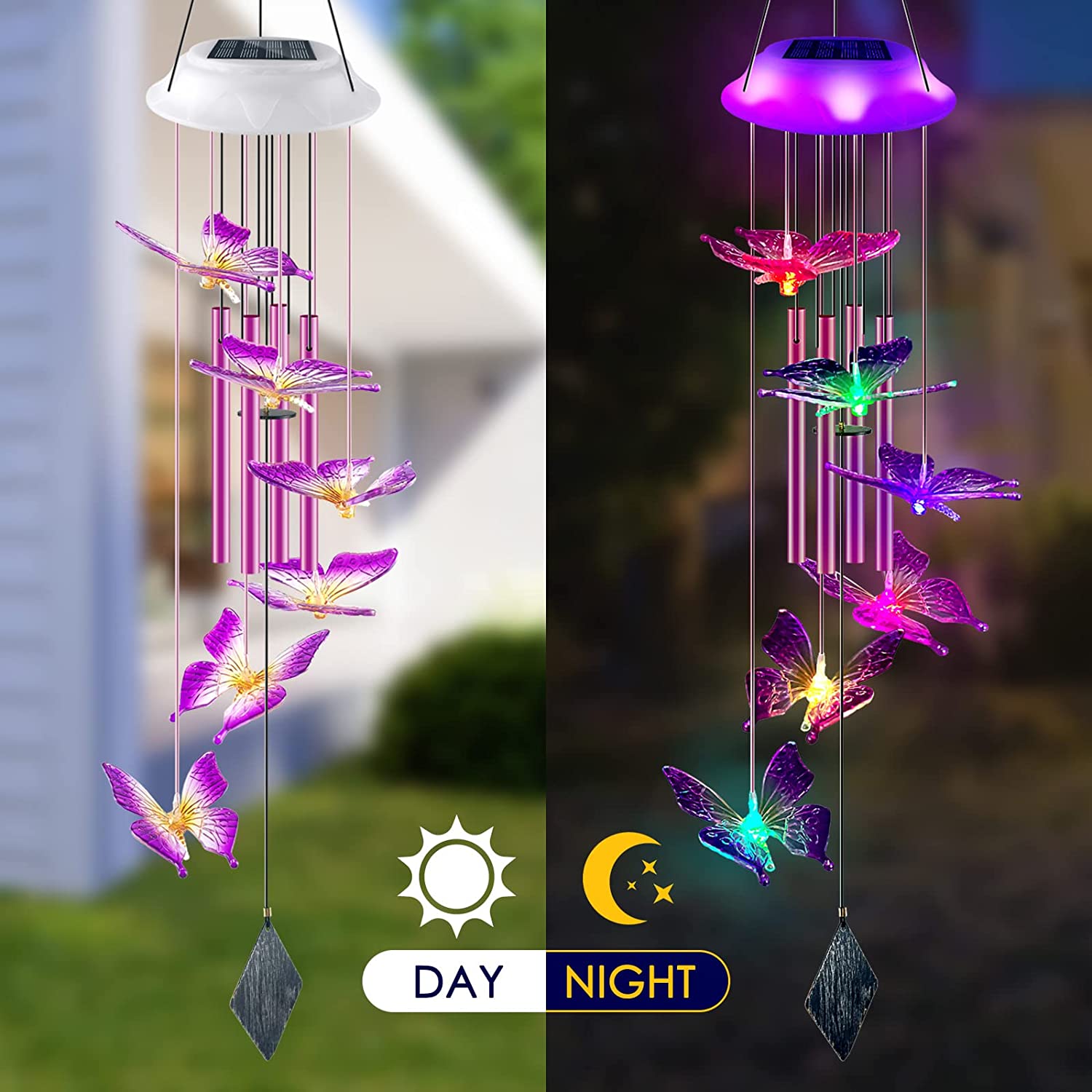 Butterfly LED Solar Wind Hanging Changing Color with 4 Iron Tubes (Purple)