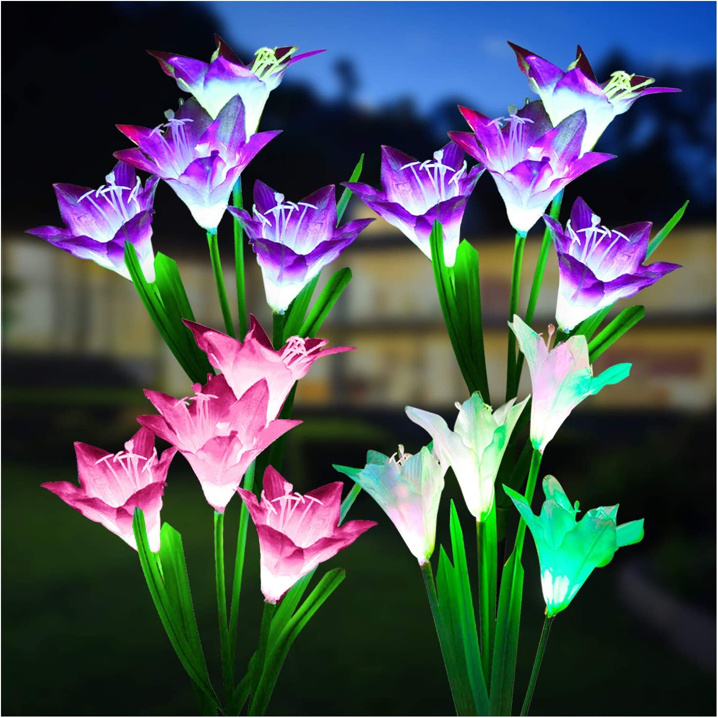 4 Pack Solar Lights Pack Bigger Lily Garden Outdoor Flowers Waterproof 7 Color