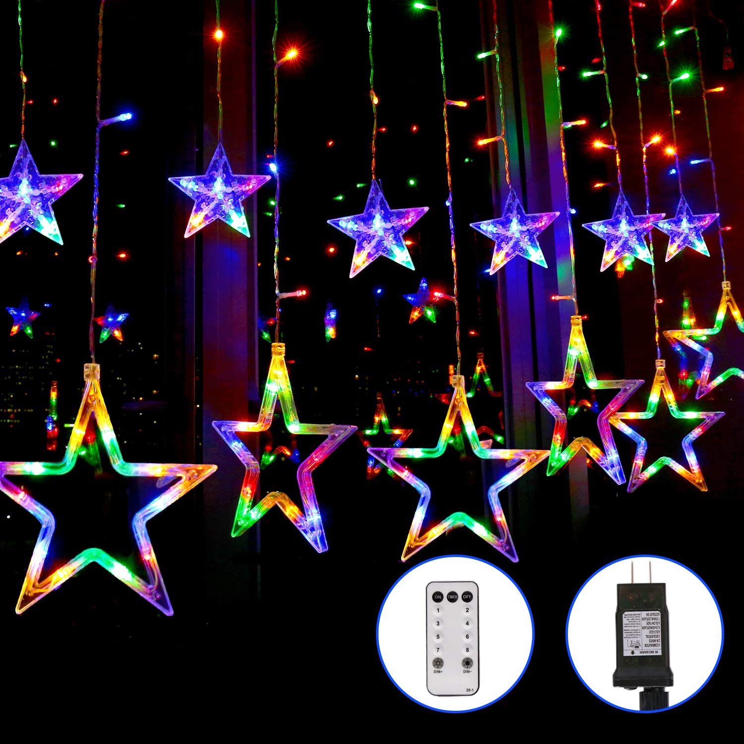 Christmas Party Star Lights String Curtain 138 LED 12 Star 8.2ft with Remote Plug In Curtain String Lights