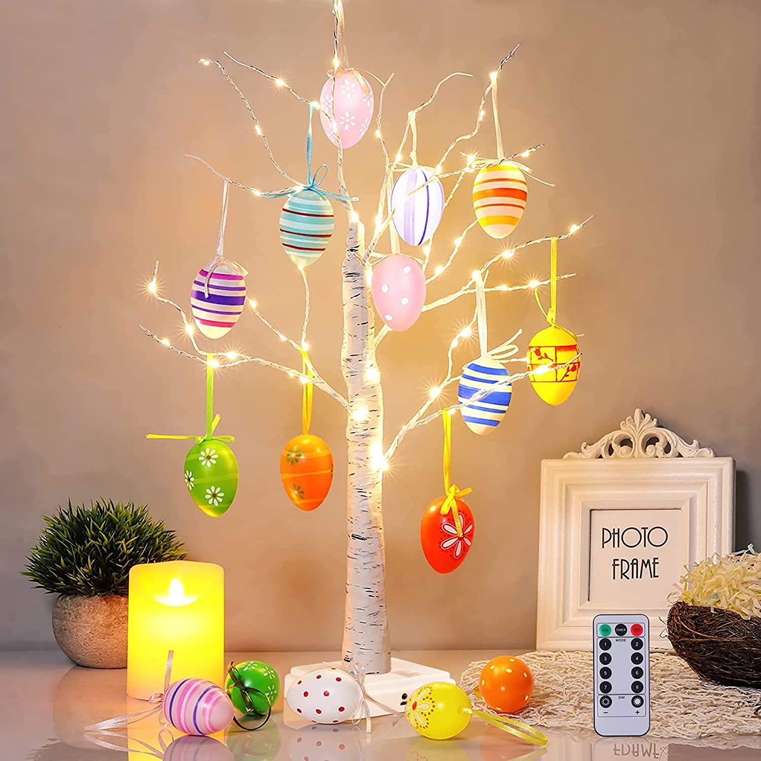 Easter Decorations - 55 LED Birch Tree with Timer & Easter Egg Ornaments | Battery Powered