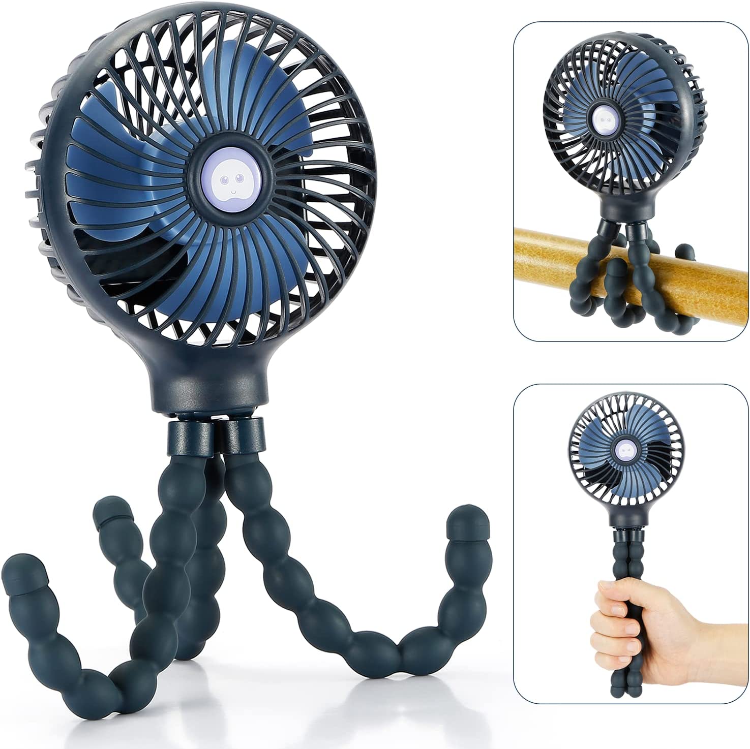 Personal Portable Fan Mini with Flexible Tripod Clip, USB or 4000mAh Battery Powered, Dark Blue