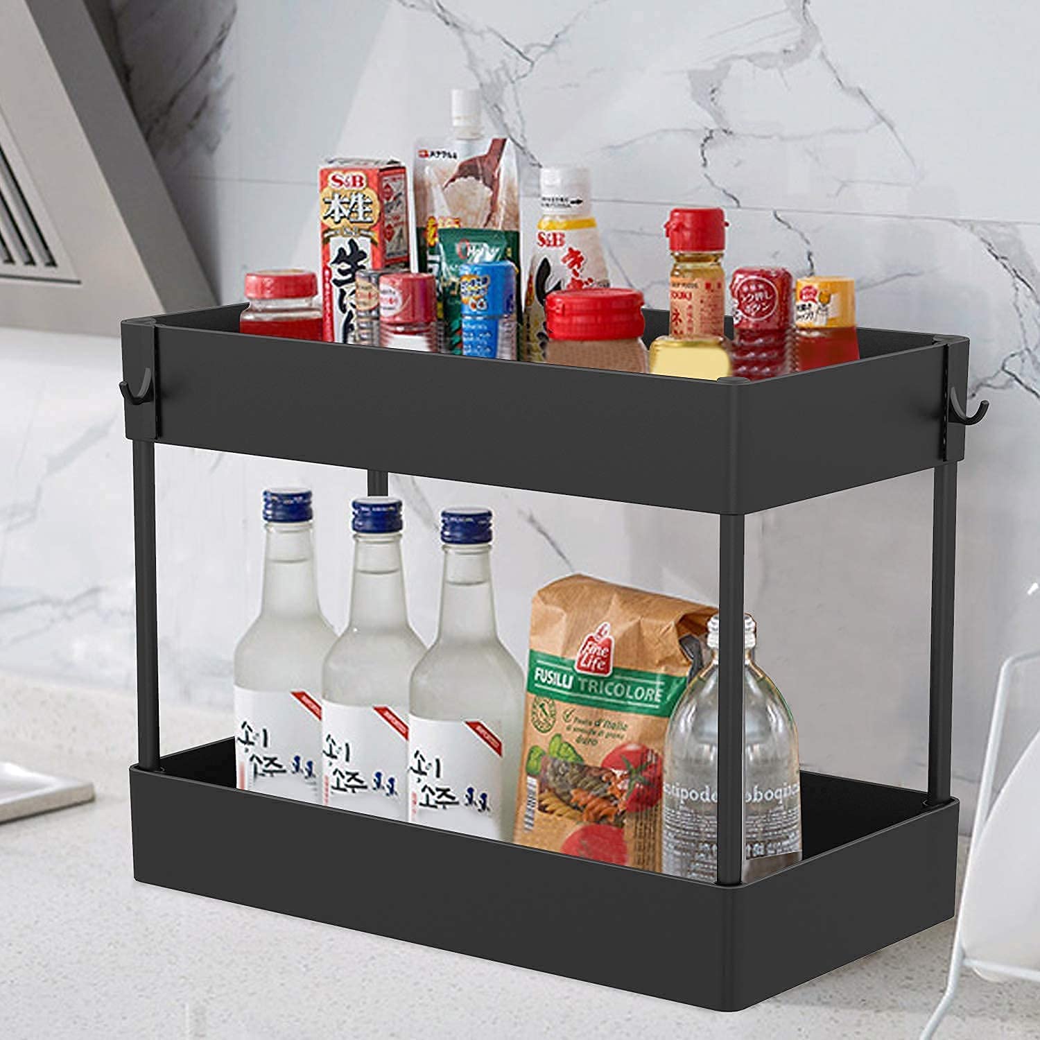 Under Sink Organizer Storage Bathroom Tier Organizers Cabinet Shelf Kitchen And Rack 2-Tier Sliding Bath Drawer (Black)