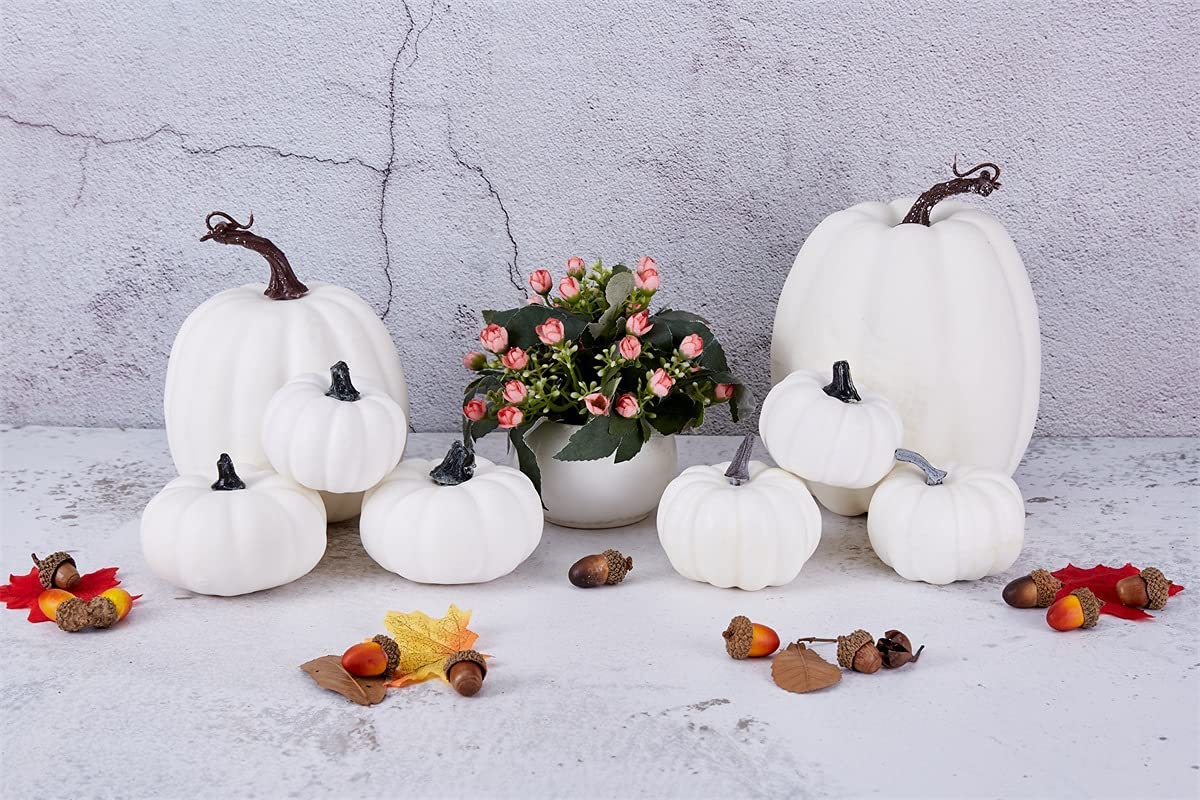 8 Pieces White Artificial Pumpkins Assorted Sizes Harvest for Fall Halloween Thanksgiving Decorating