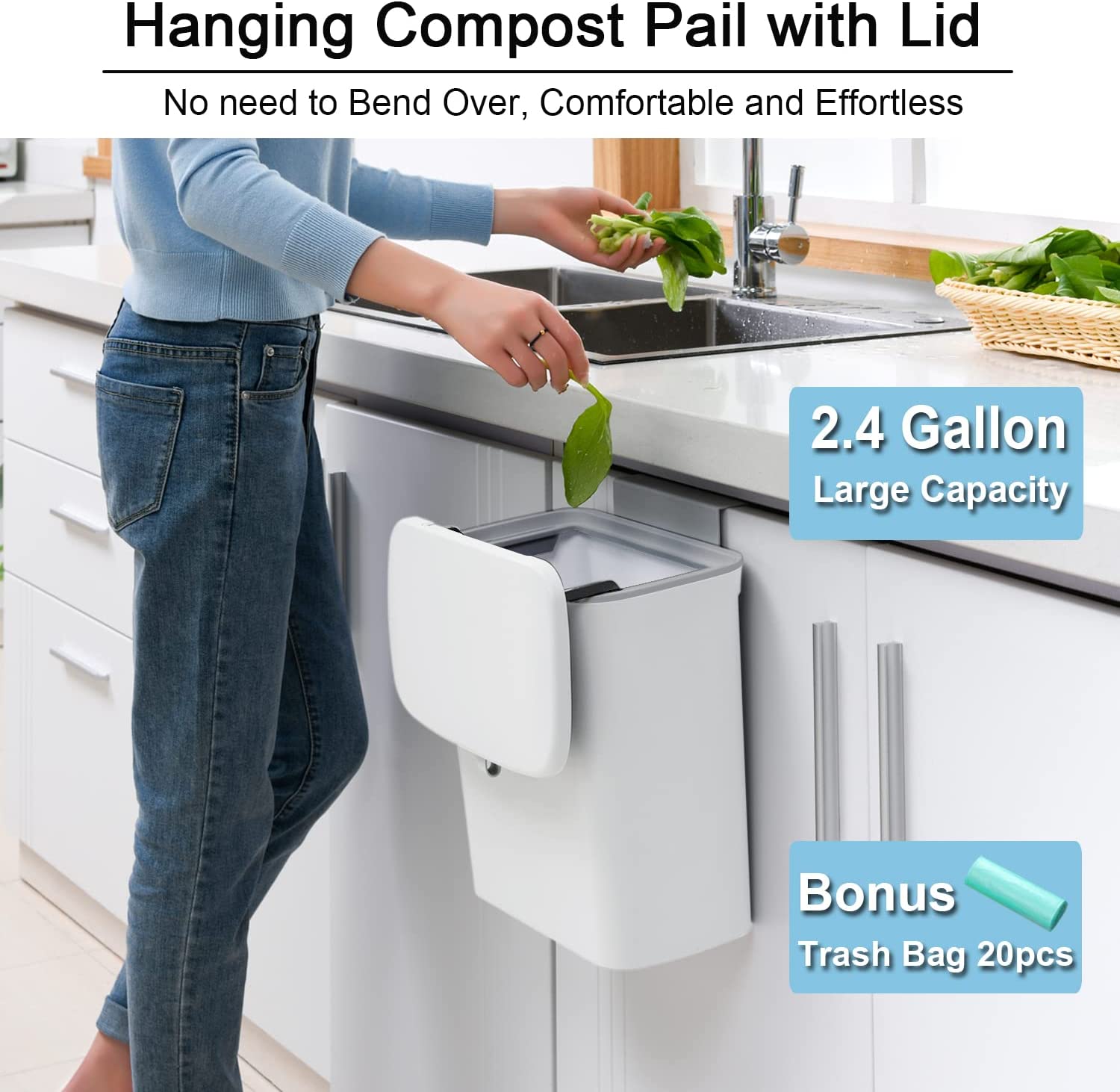 Compost Bin Kitchen with Lid for Countertop 2.4 Gallon, White