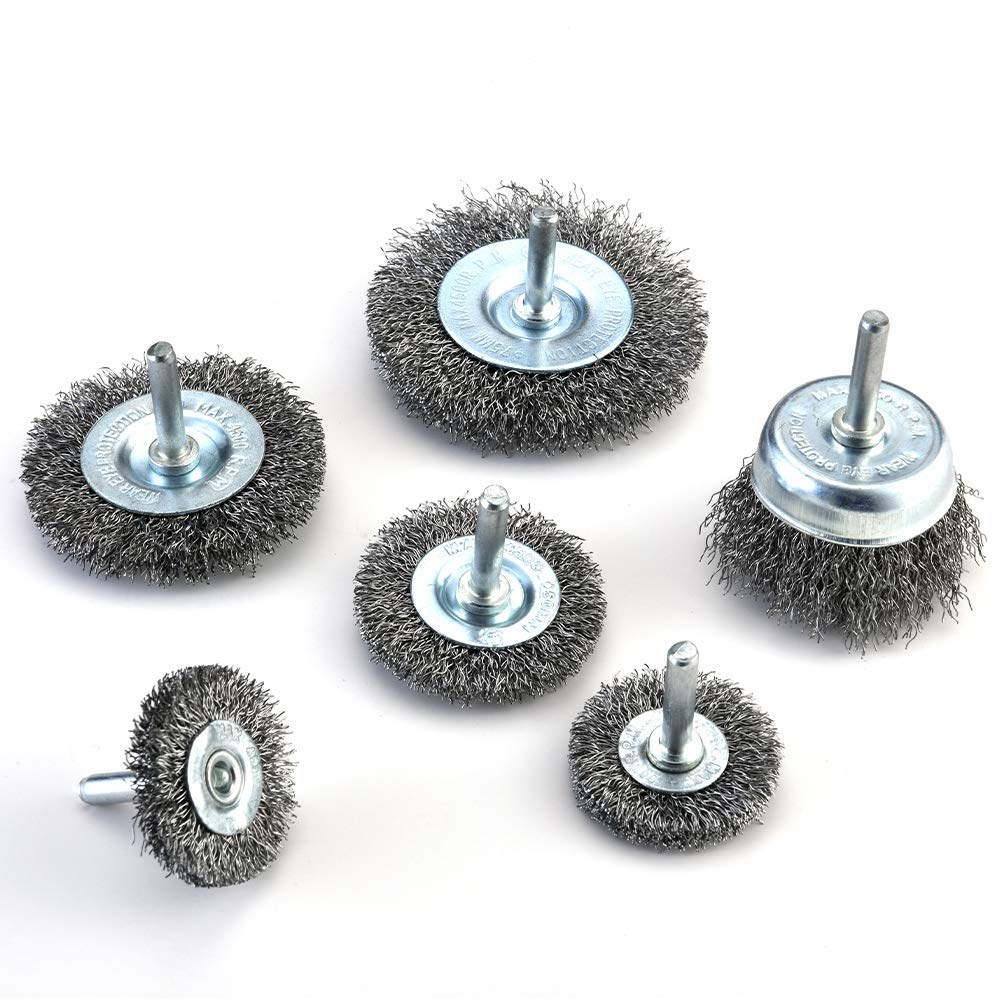 Drill Attachment Wire Brush Wheel Cup Brush Set 6 Piece, Wire Brush for Drill 1/4 Inch Arbor 0.012 Inch Coarse Carbon Steel Crimped Wire Wheel