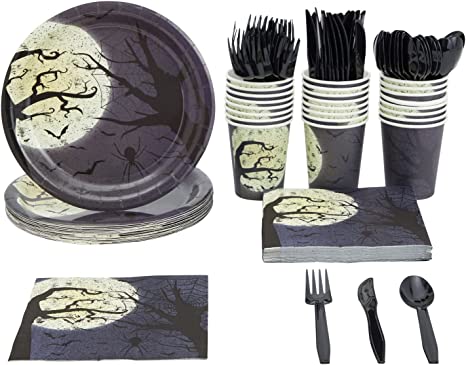 Halloween Disposable Tableware Full Moon, Pape Plates, Napkins, Cups, Cutlery (Serves 24)