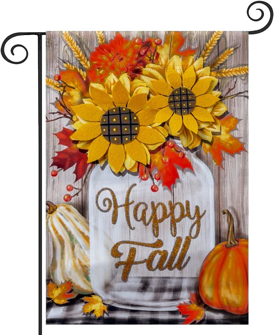 Double Sided Garden Decoration Happy Fall with Pumpkin Applique 3D Sunflowers 12.5 x 18 Inch Fall Garden Flag Yard Flag