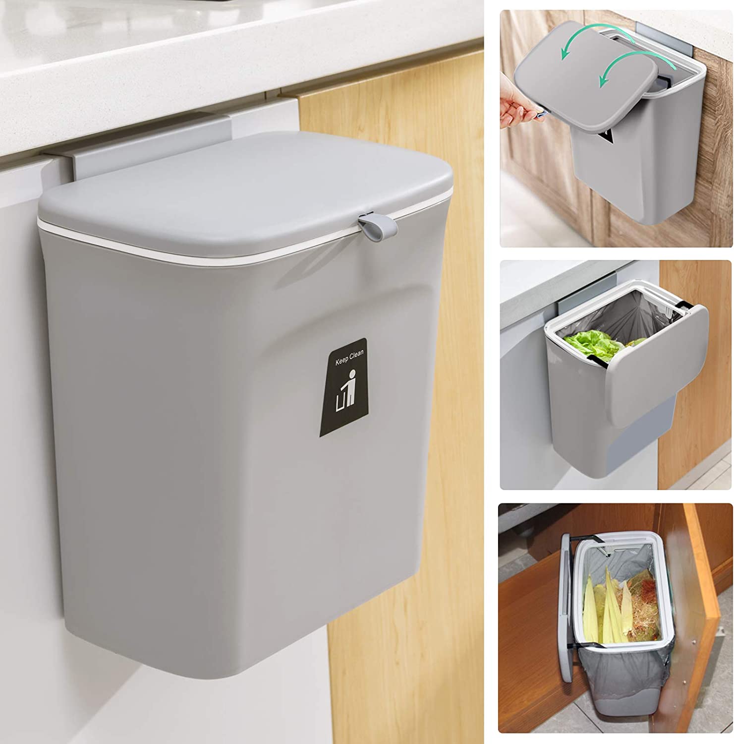 2.4 Gallon Hanging Small Trash Can Bin for Counter Top or Under Sink, Gray