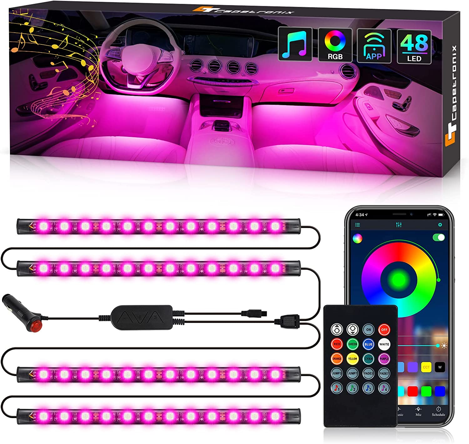 Car LED Accessories Lights Interior, LED Lights for Car, App Control with Remote, Music Sync Interior Car Lights (12V DC with Charger)