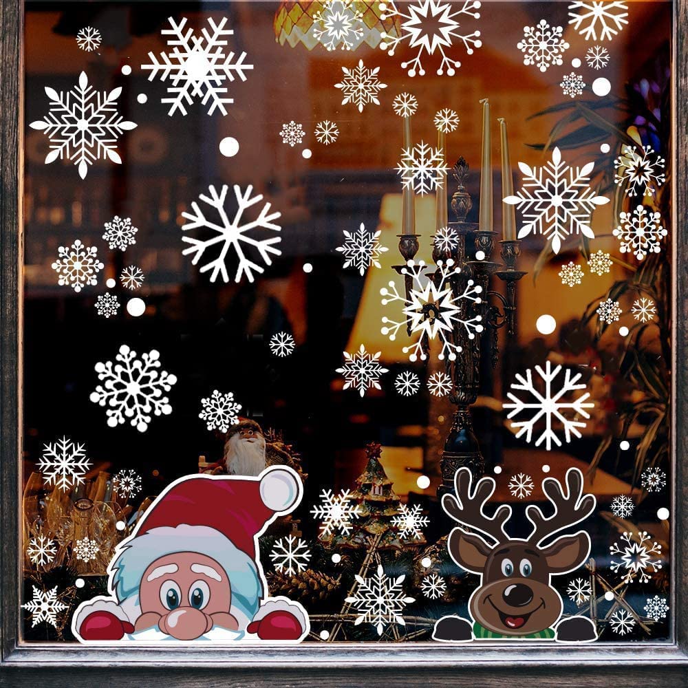 Christmas Snowflake Window Cling Stickers 300 PCS 8 Sheet for Glass Holiday Snowflake Santa Claus Reindeer