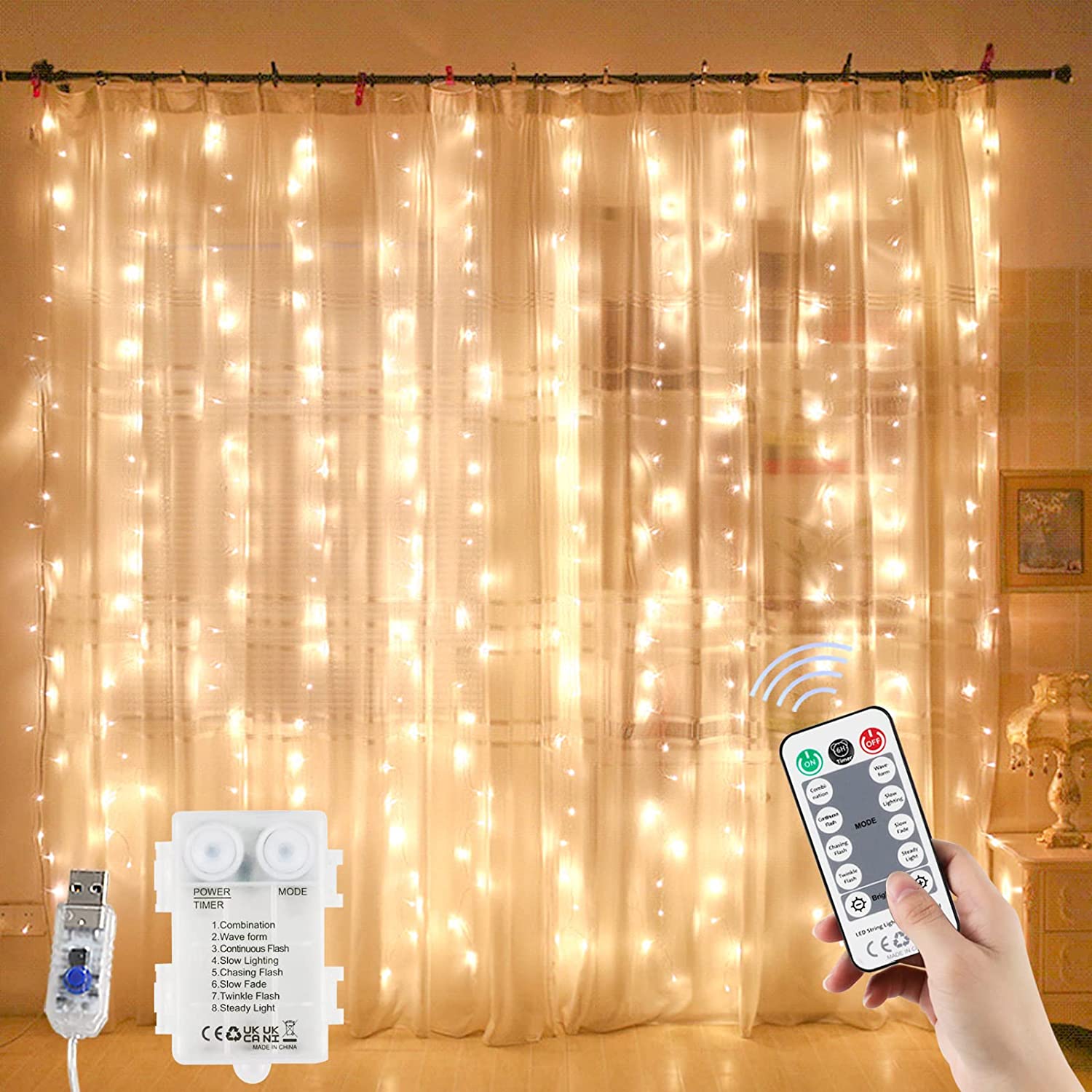 Curtain String Lights 200 LED Twinkle Light with Remote (Warm White 9.8 x 6.6Ft)