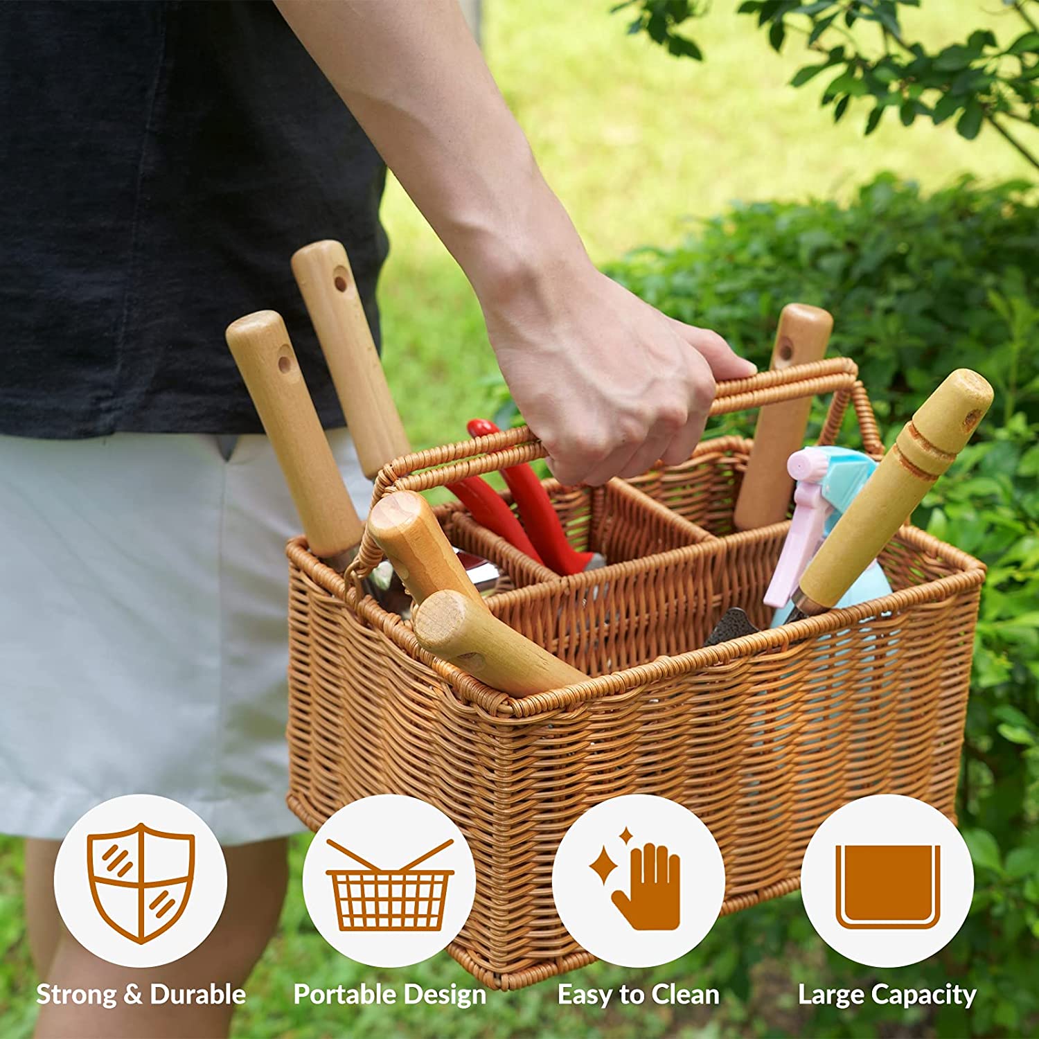 Gardening Hand Tools with Storage Organizer Basket 8 Pieces Garden Tool Set with Pruning Shears, Cultivator, Gloves, Heavy-Duty Stainless Steel Tools