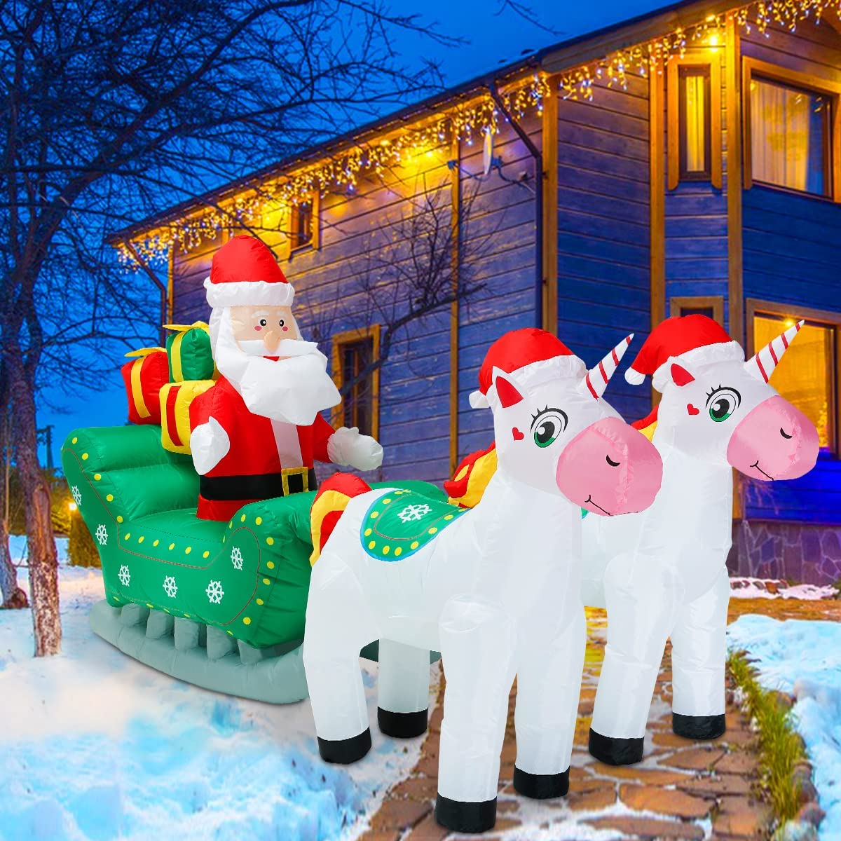 Inflatable Long Christmas Pulling Unicorn Sleigh Green Build-In Ft 7.9 FT LED Blow Up