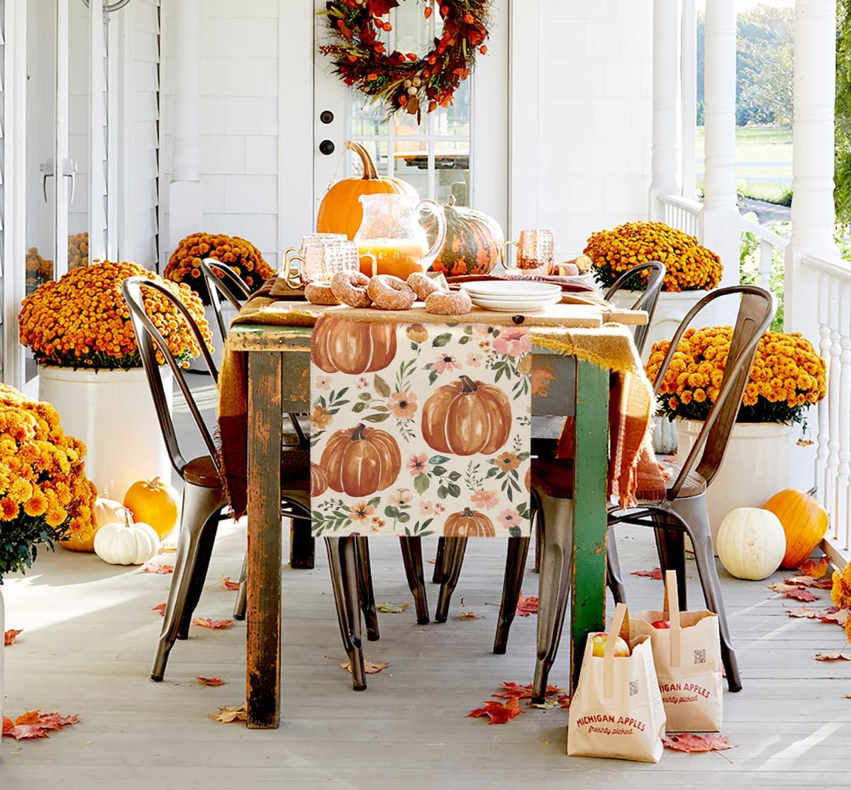 13 x 72 Inches Pumpkin Table Runner Floral Table Runners