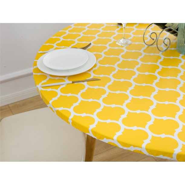 Fitted Round Table Vinyl Elastic Tablecloth Cover Flannel, Lattice Yellow (36 - 42 Inch Round)