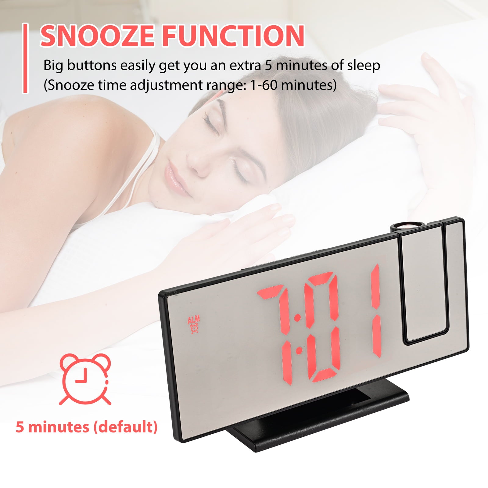 Alarm Clock Projection Digital LED Snooze 12/24H, USB Charging Port