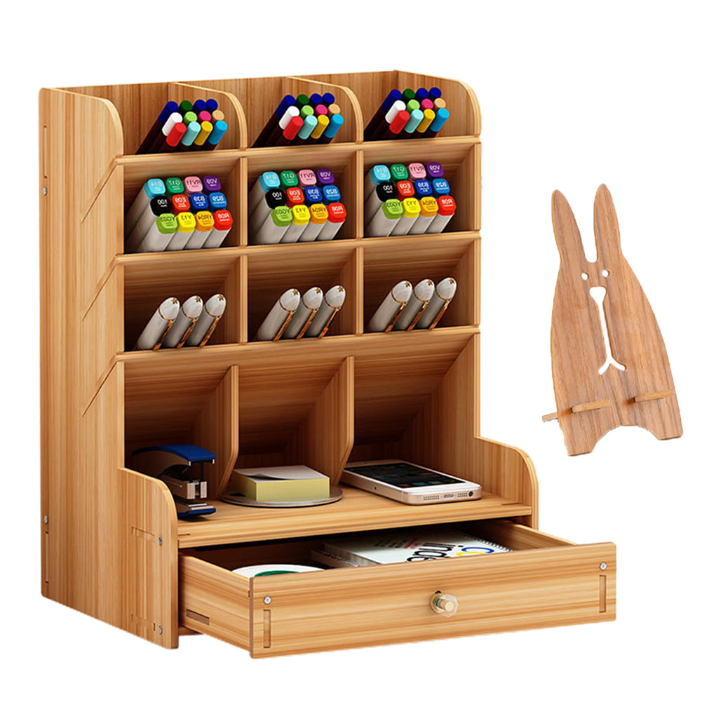 Desk Organizer Wooden Holder Multi-Functional DIY Pen Holder, Pen Organizer with Drawer