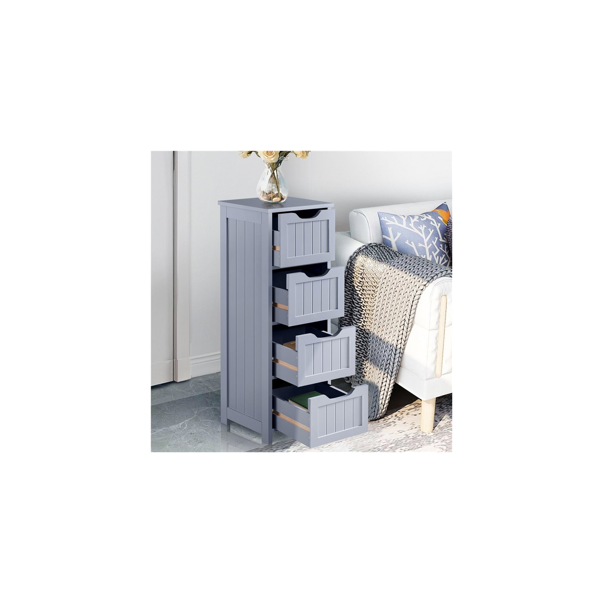 4 Drawers Wooden Bathroom Floor Cabinet Side Storage Organizer, Gray