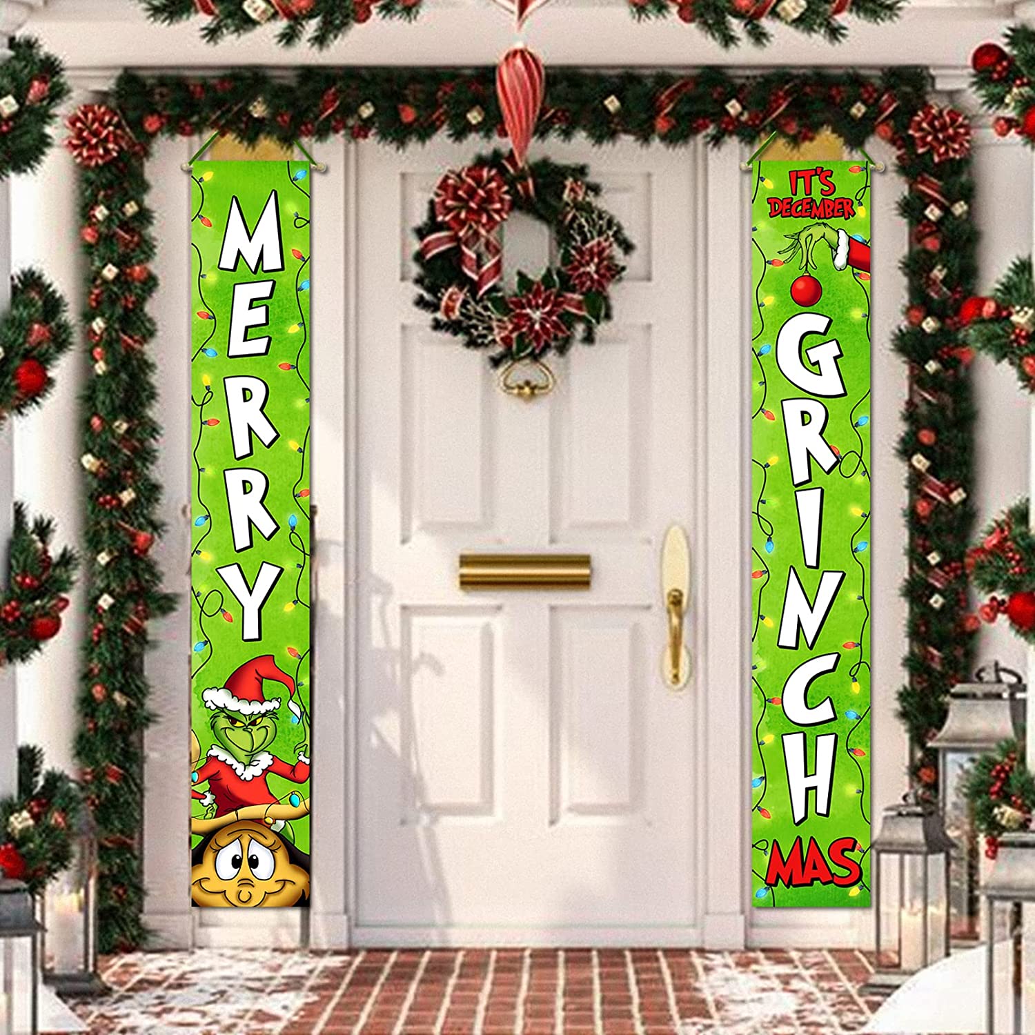 Christmas Porch Banner Sign Merry Door Hanging Xmas Decor Decorations Grinch Banner