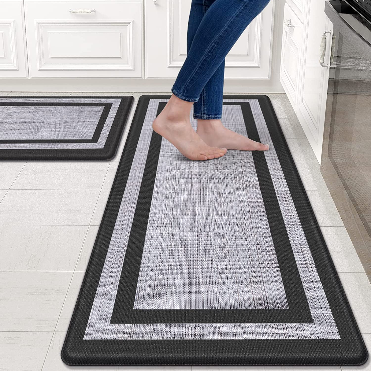 Cushioned Kitchen Rugs 2 Pieces, Black and Gray