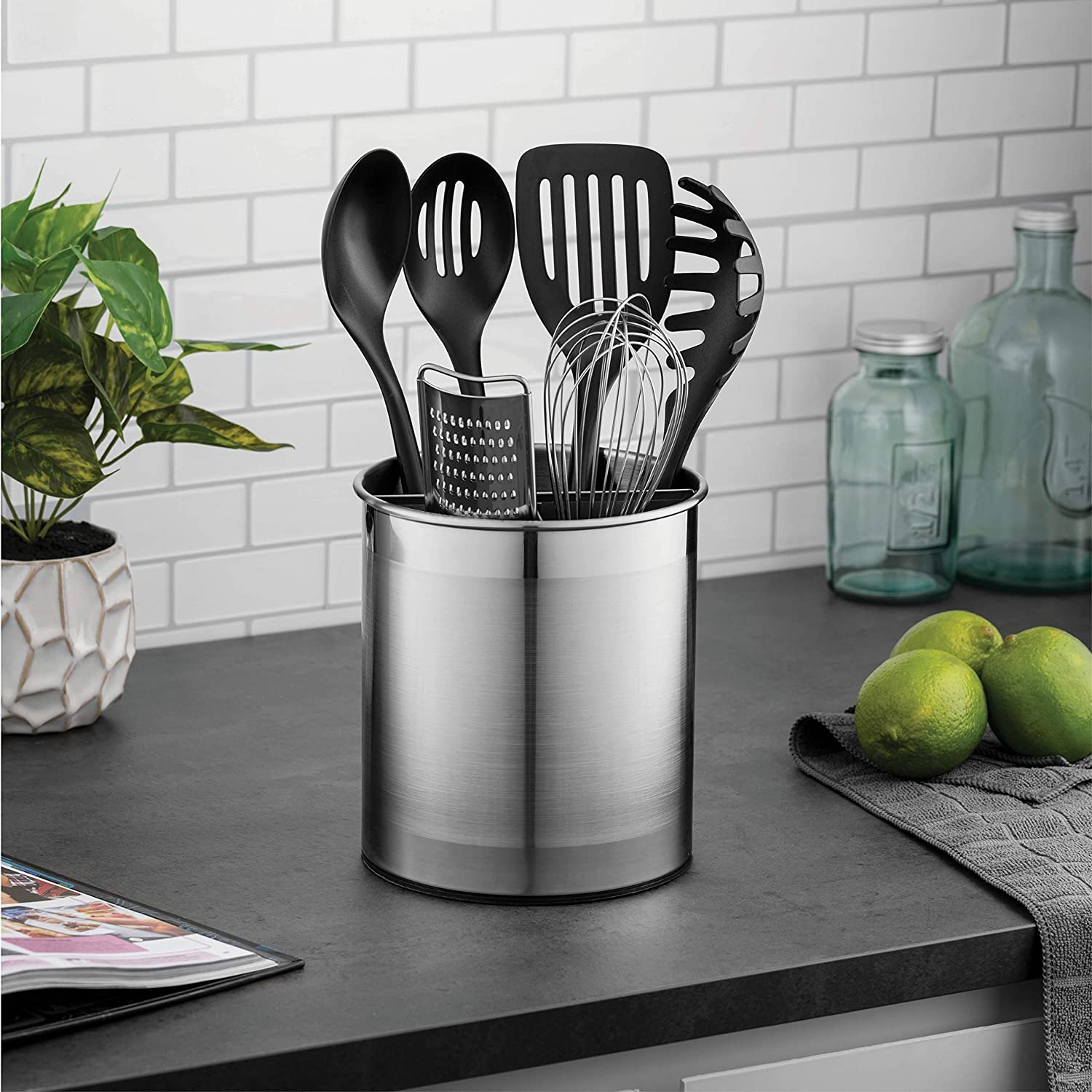 360° Rotating Stainless Steel Kitchen Utensils Holder Caddy with Removable Divider