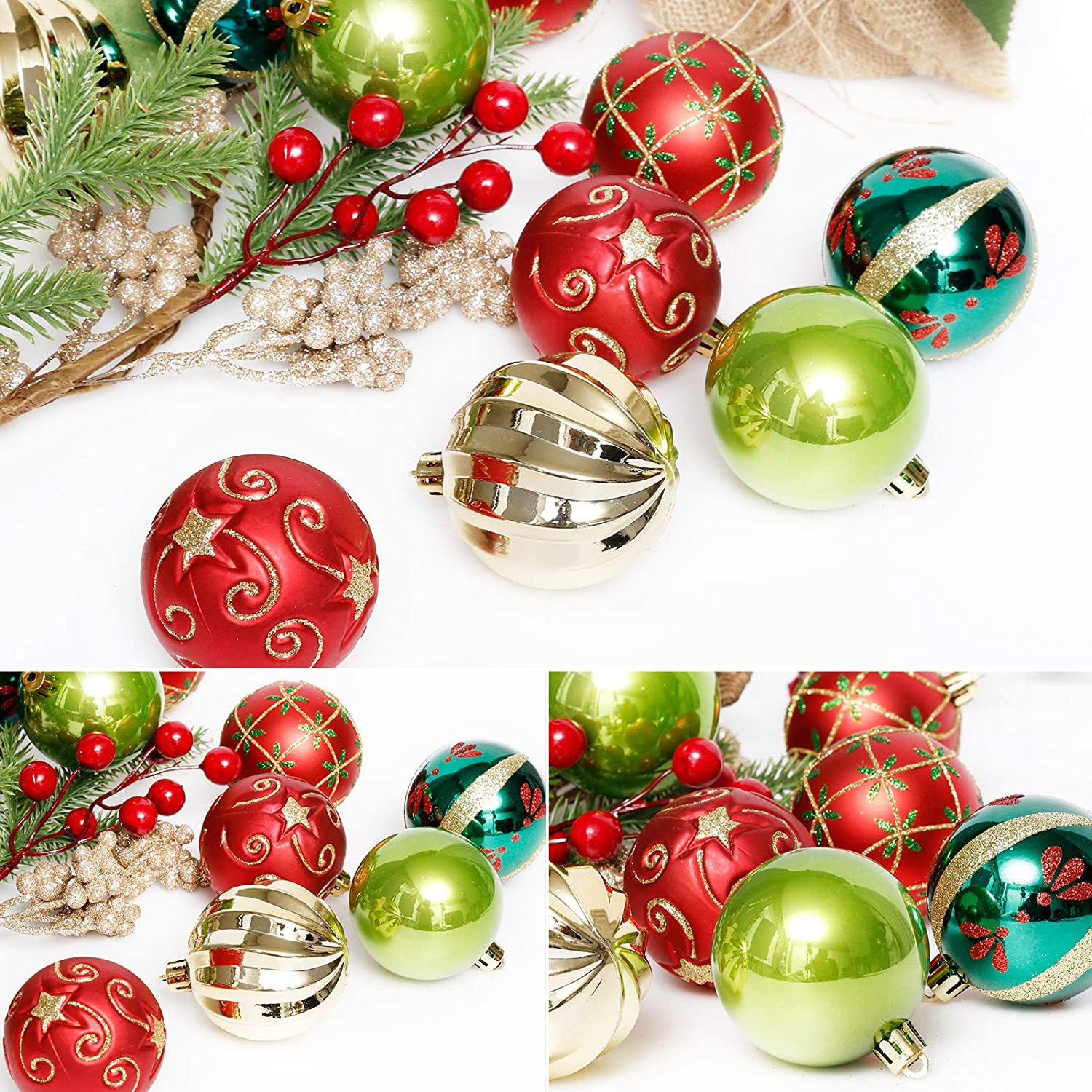 2.36" Red Green and Gold Christmas Ball Hanging Tree Ornament Set 30 Pieces