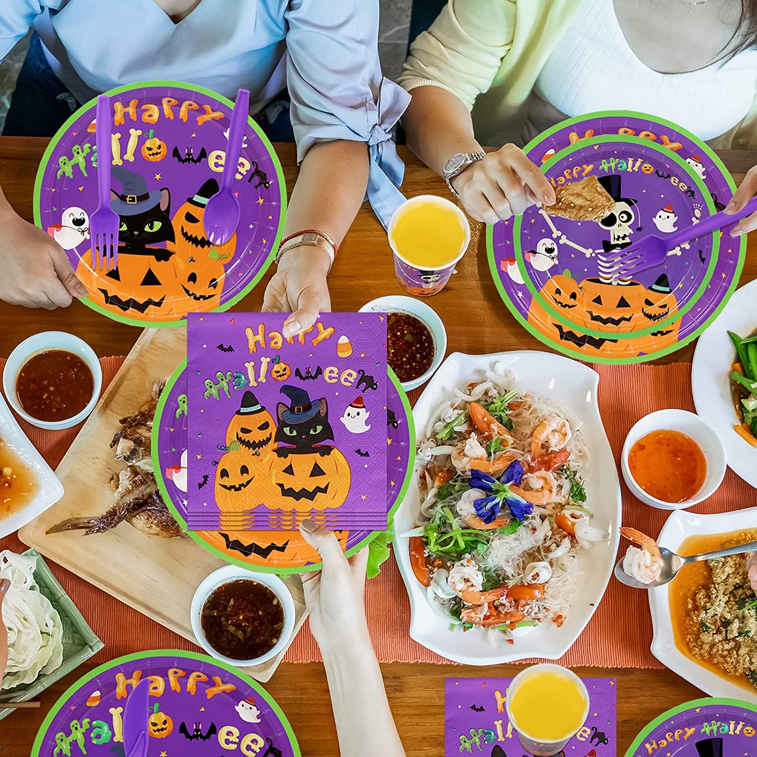 Cute Halloween Black Cats Pumpkin Ghosts Skeleton Tableware Halloween Party Supplies, Serve 24 Guests