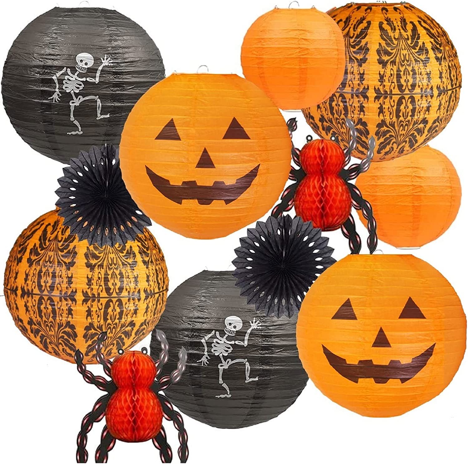 12 Pieces Spider Skeleton Pumpkin Hanging Paper Lanterns Party Supplies Props, 12" & 8" (Orange, Black)