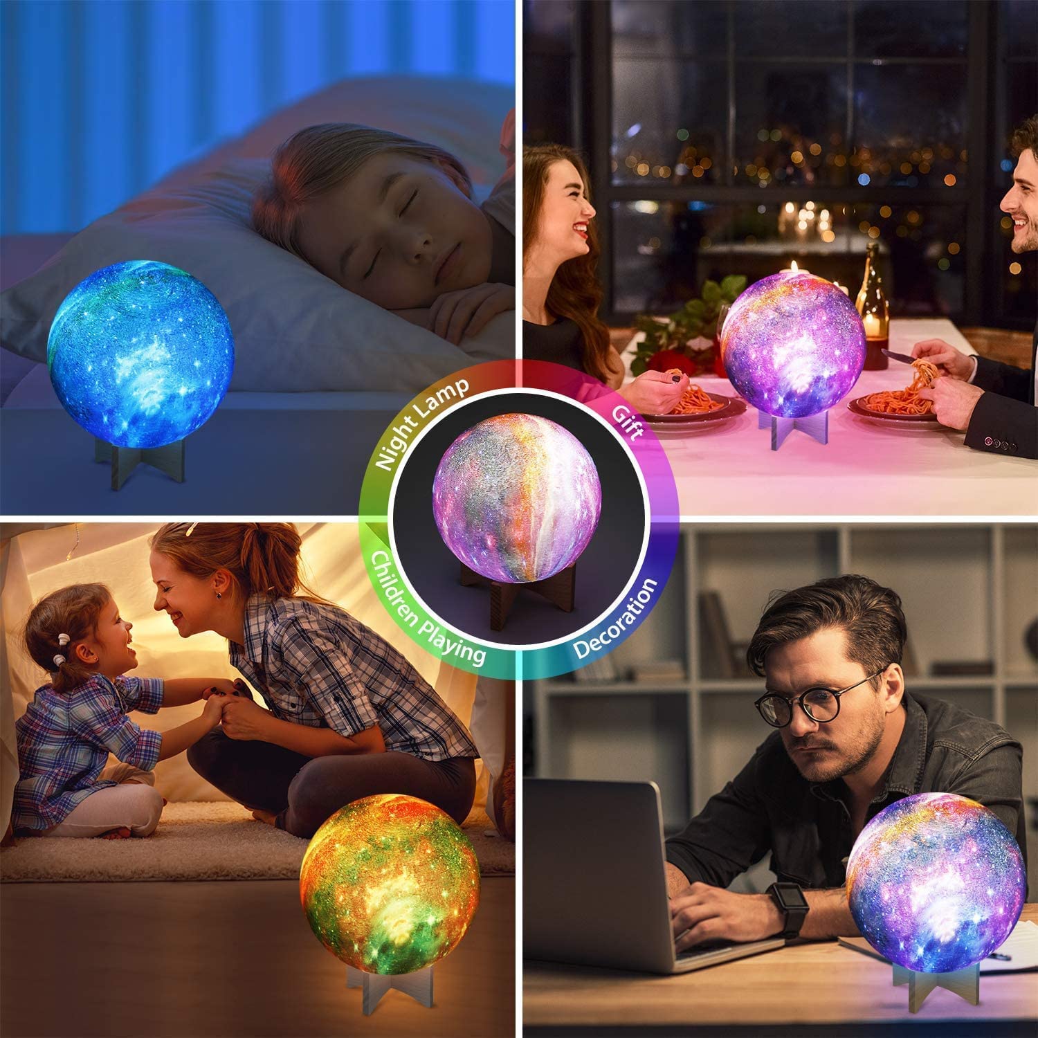 16 Colors Galaxy Light Night Moon Lamp LED 5.9 Inch Dimmable with Stand Remote Touch Tap Control and USB Rechargeable