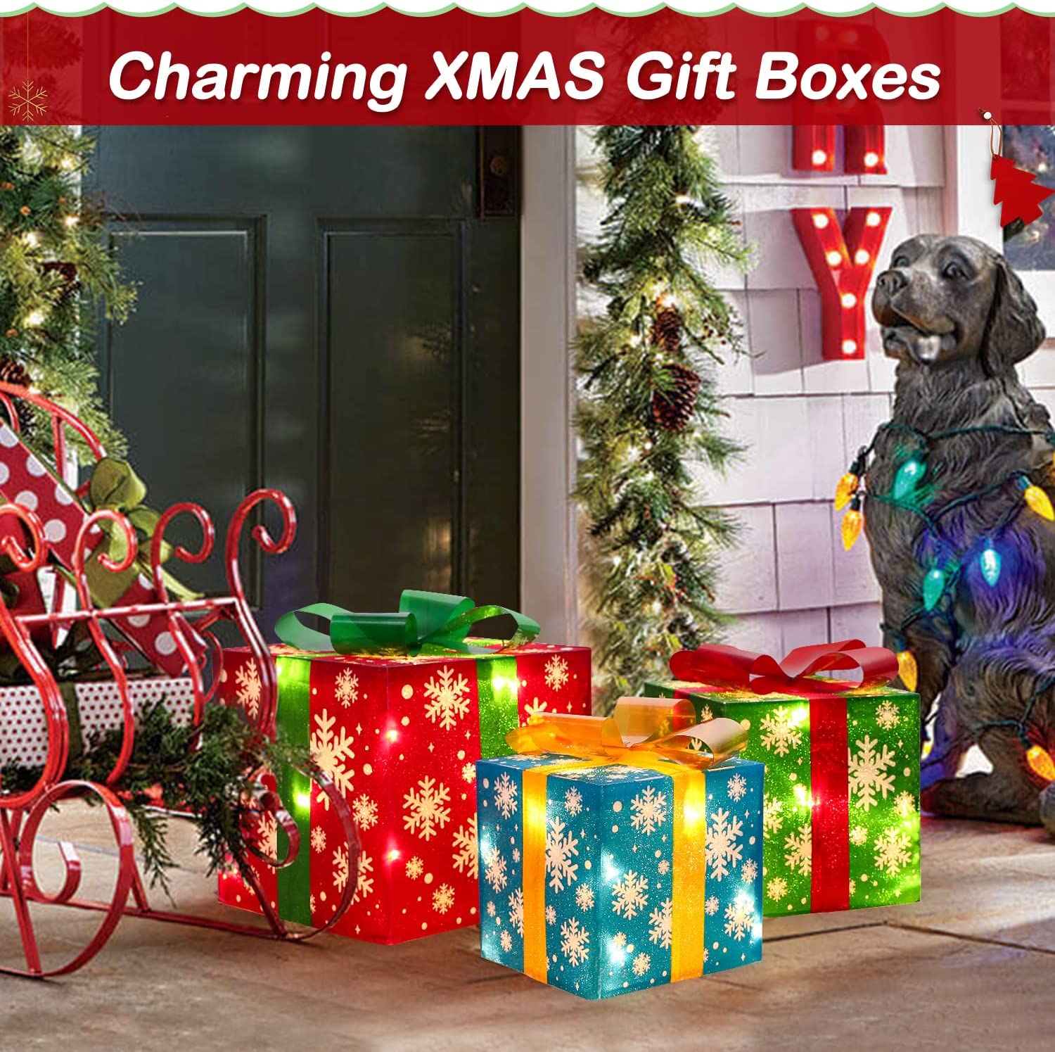 48 LED Light Christmas Boxes Lighted Gift Set of 3 with Remote Timer Indoor Outdoor