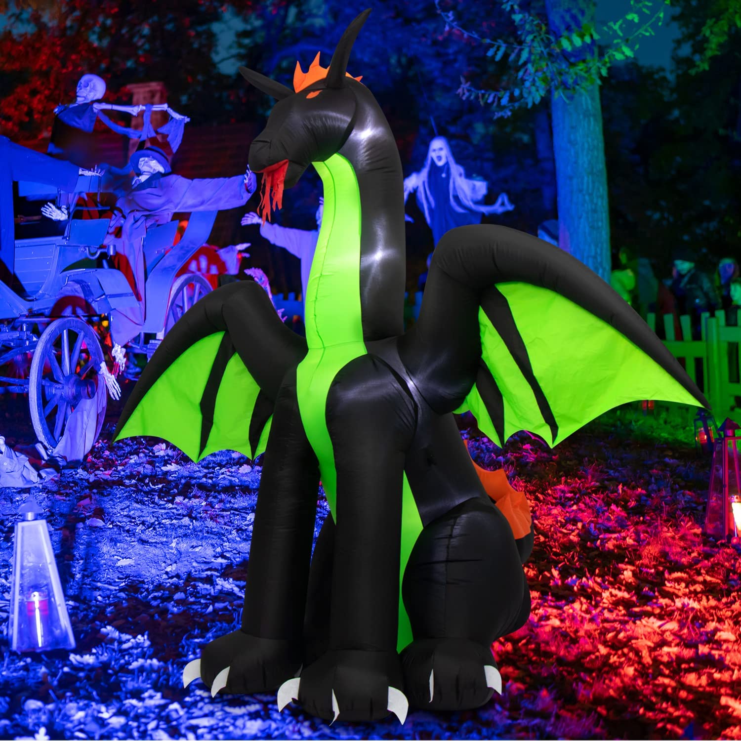 9 Ft Halloween Dragon Inflatable Decor with Wings & Built-in LEDs Halloween Blow Up Decorations for Party Indoor Outdoor Garden