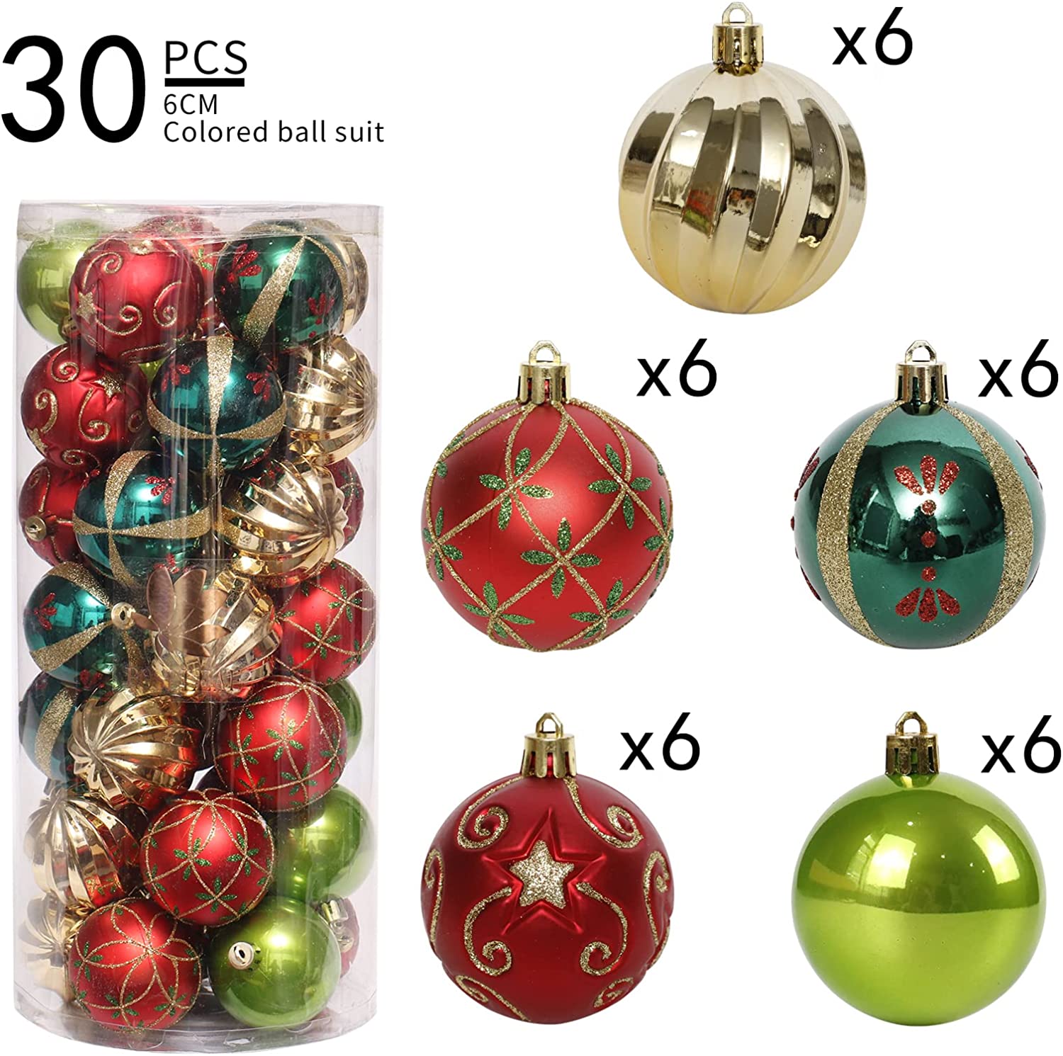 2.36" Red Green and Gold Christmas Ball Hanging Tree Ornament Set 30 Pieces