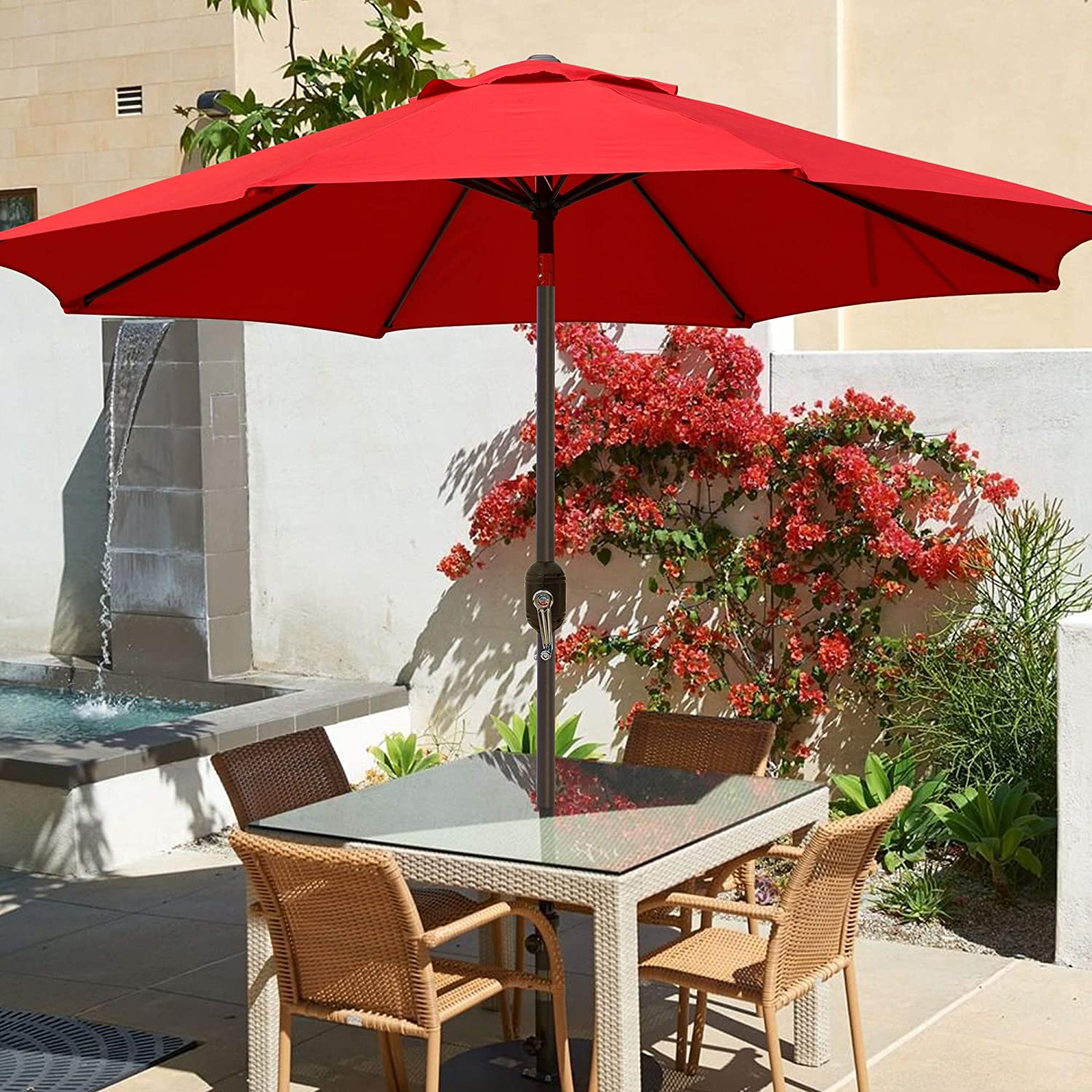 9ft Red Patio Umbrella with Push Button Tilt & Crank for Garden