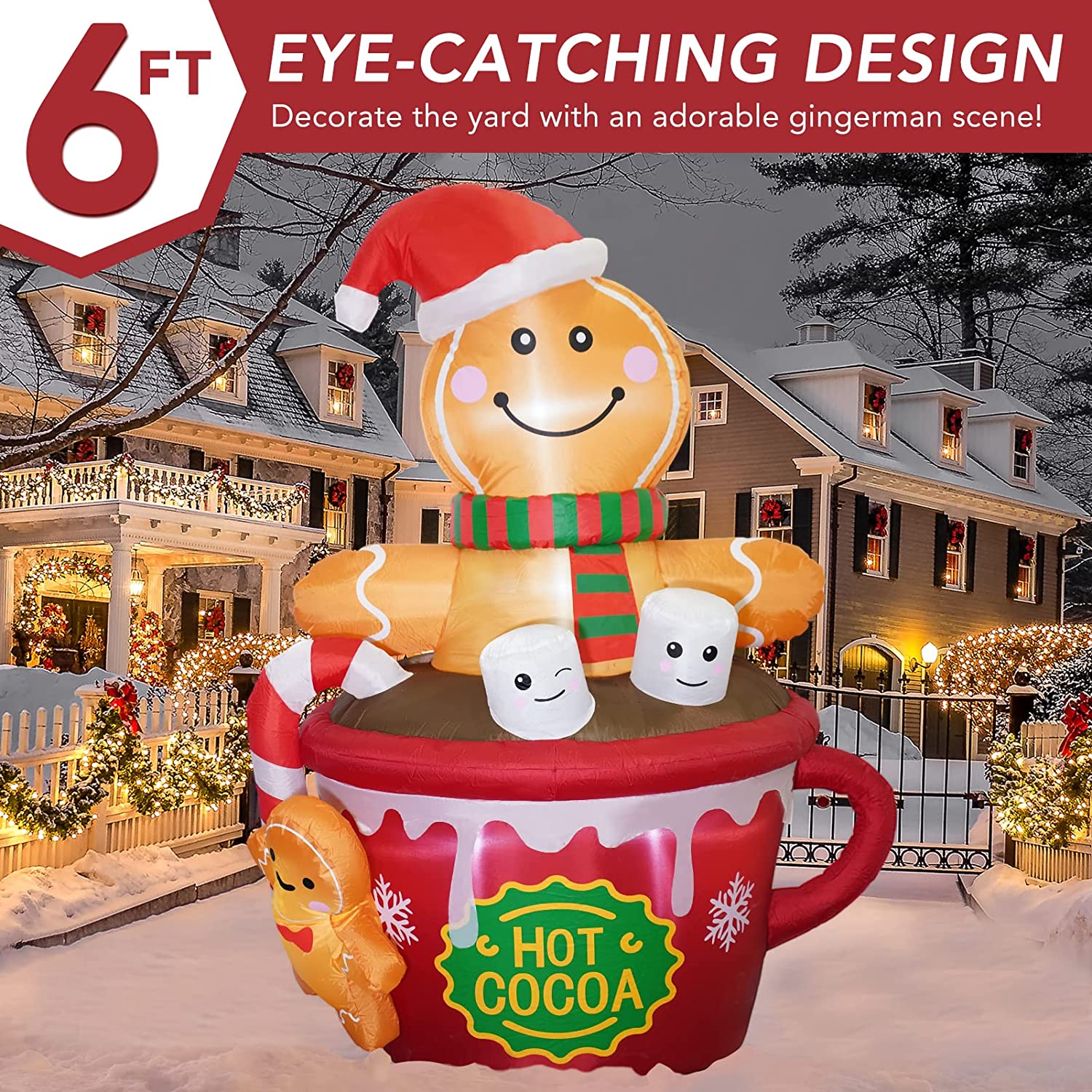 6 FT Inflatable Gingerbread Man in Hot Cocoa Mug Scene Inflatables Outdoor Decorations