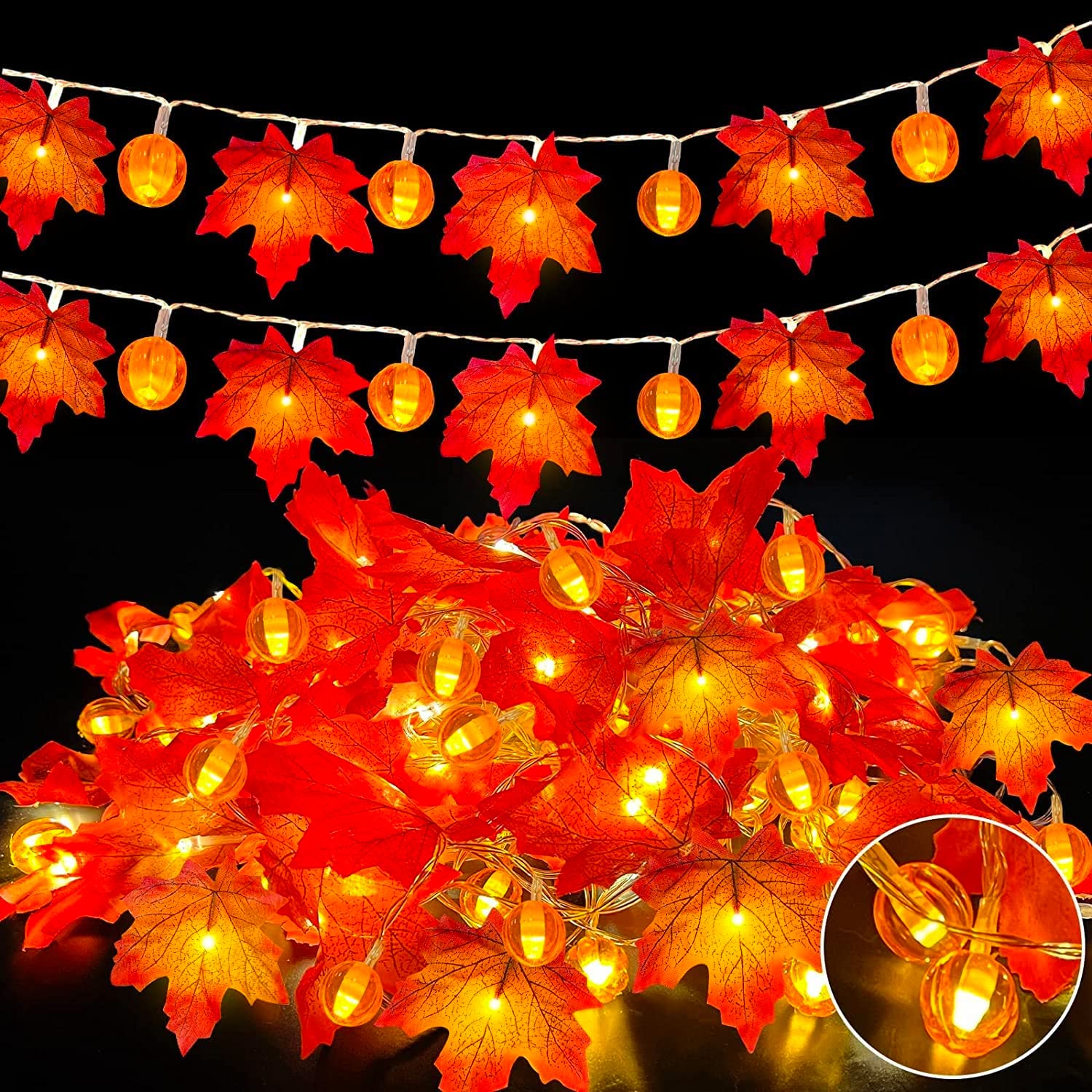 Fall String Lights 3 Pack (10 Ft Each) Thanksgiving Garland with Pumpkin Lights Enlarged Maple, Waterproof Battery Operated Fall Decorations