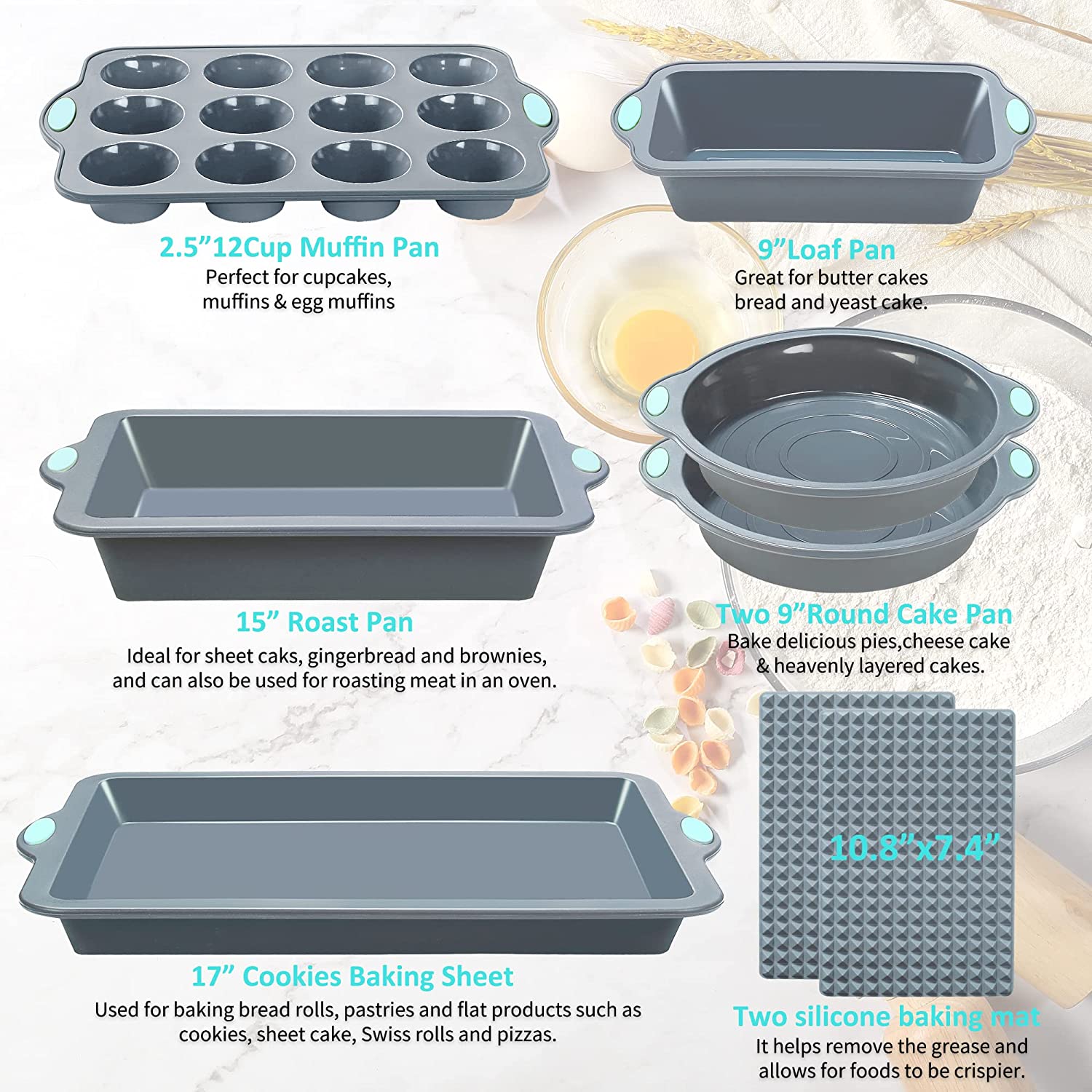 8 in 1 Baking Silicone Set Mat Pan with Metal Reinforced Frame, Light Grey