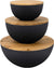 Salad Bowl Set, Set of 3 with Wooden Lids, Black