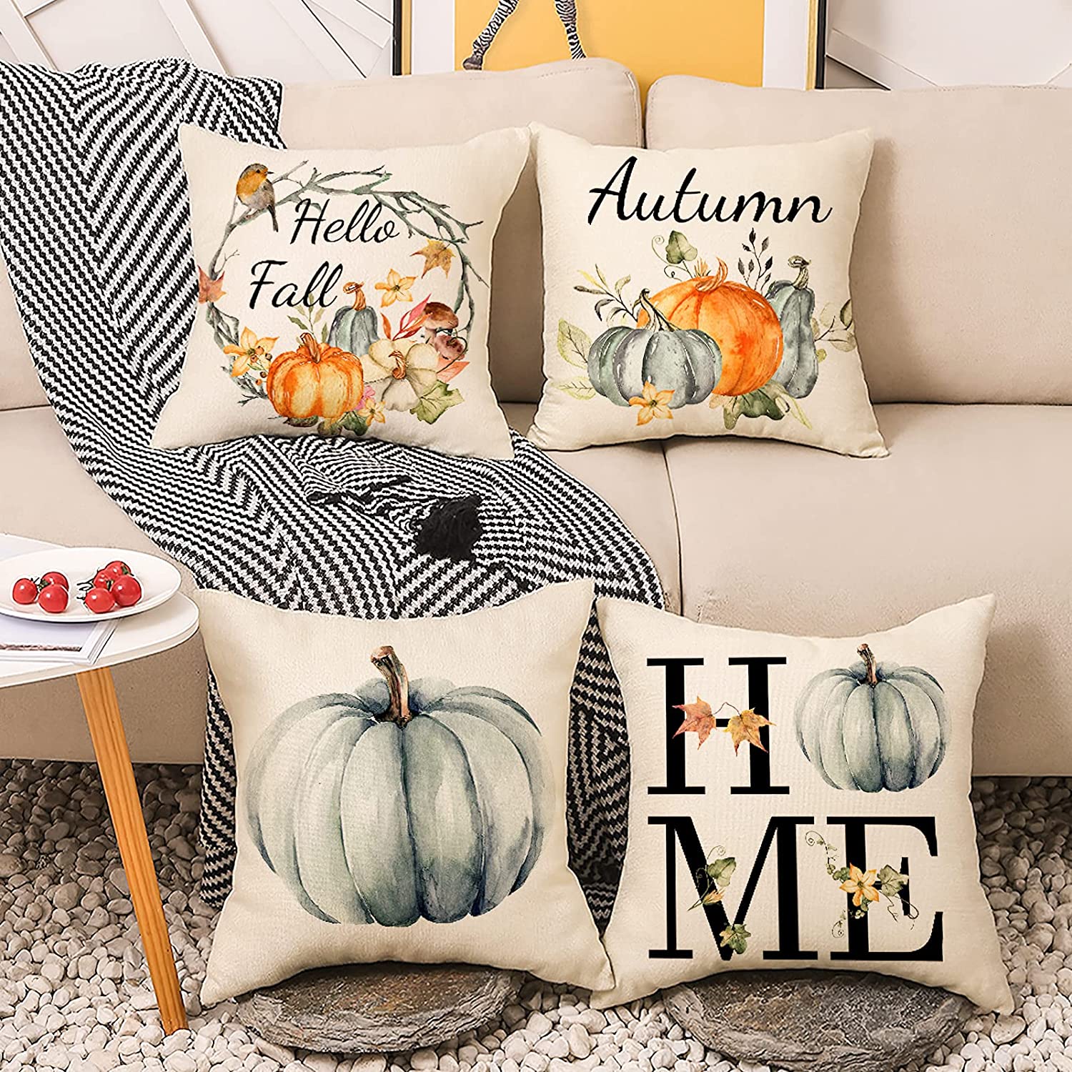 18 x 18 Fall Pillow Covers, Watercolor Pumpkin Pattern Throw Pillowcase Set of 4