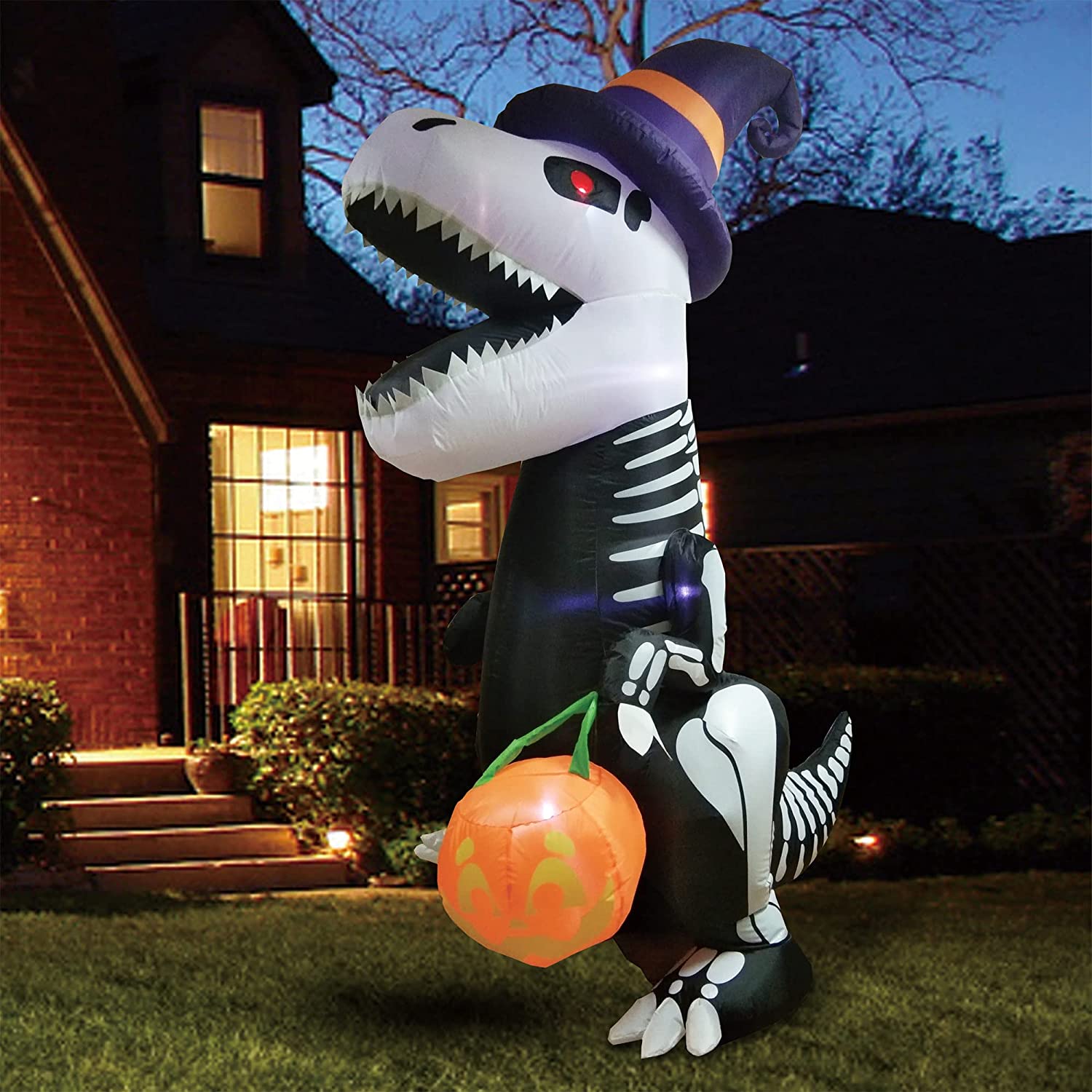 8ft Halloween Inflatable Skeleton Dinosaur Pumpkin with Build-In LEDS for for Halloween Party Indoor, Outdoor Decorations