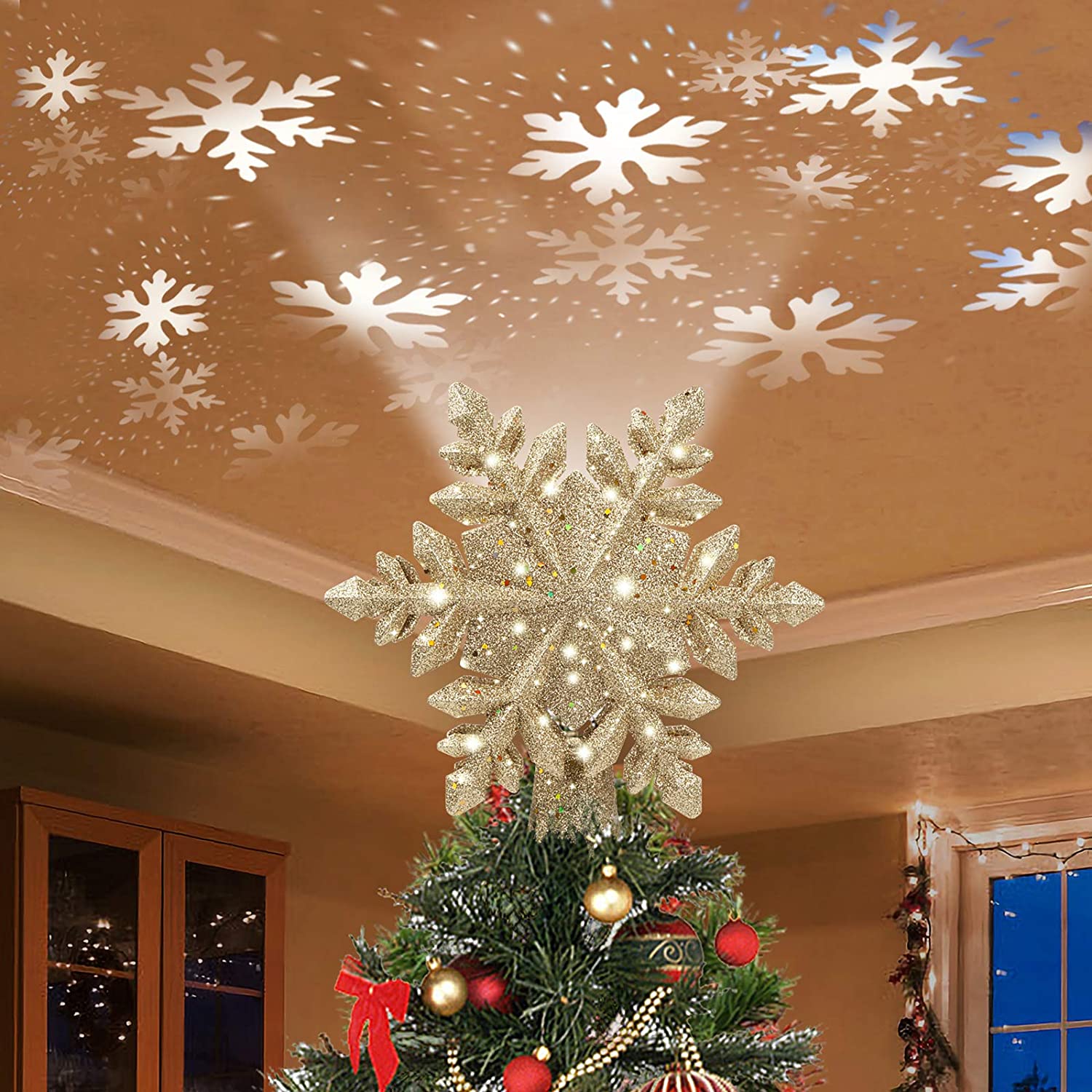 Christmas LED Rotating Magic Snowflake Tree Topper 3D Hollow Glitter Lighted Gold Snow Tree Topper