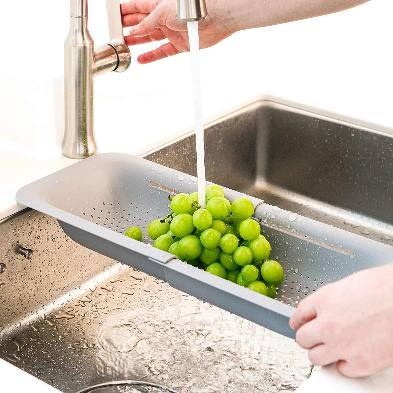 Extendable Over the Sink Basket Colander Strainer Kitchen Drain Stainless And Wash Vegetables (Gray)