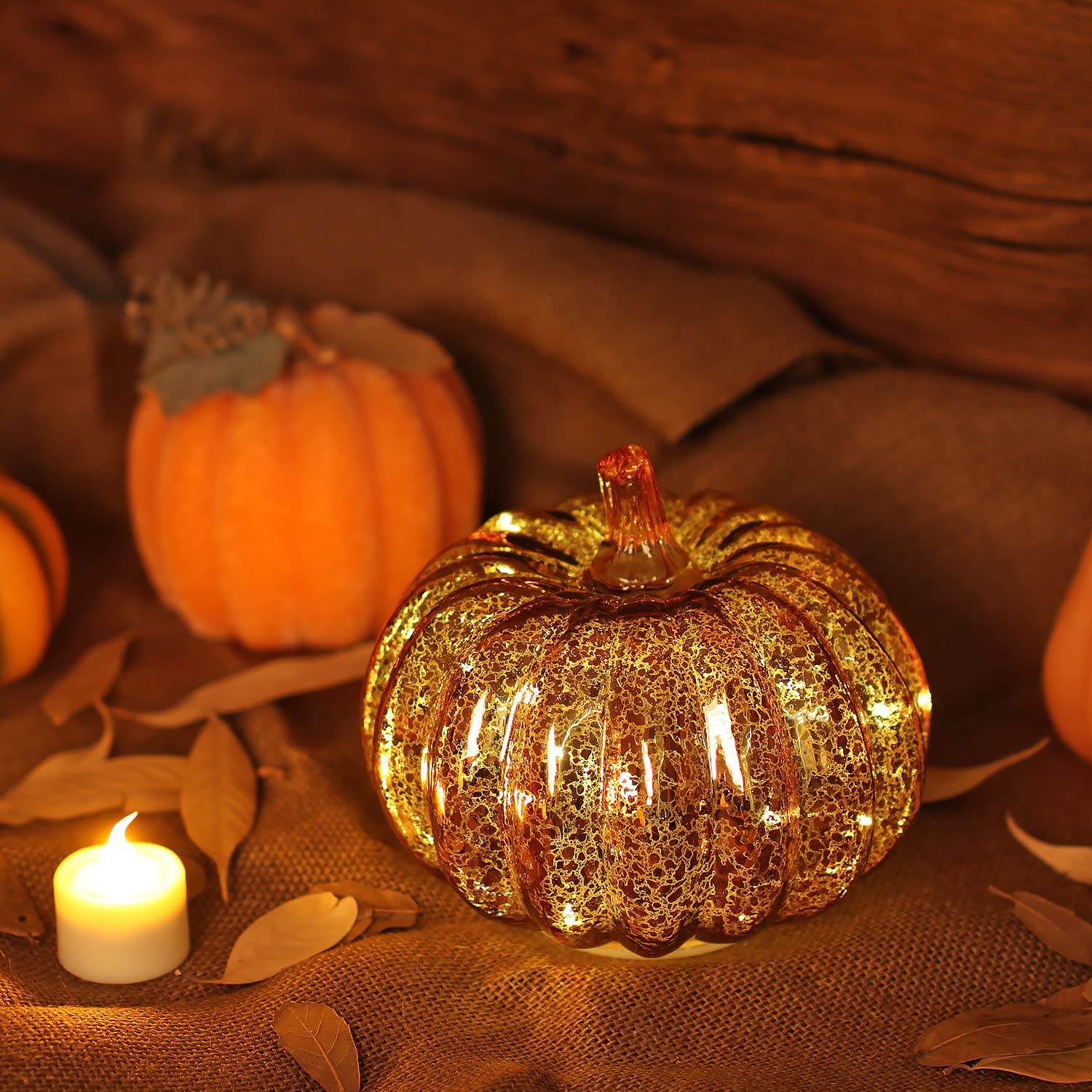 5.5 inches Glass Pumpkin Light with Timer Gold Christmas Decor