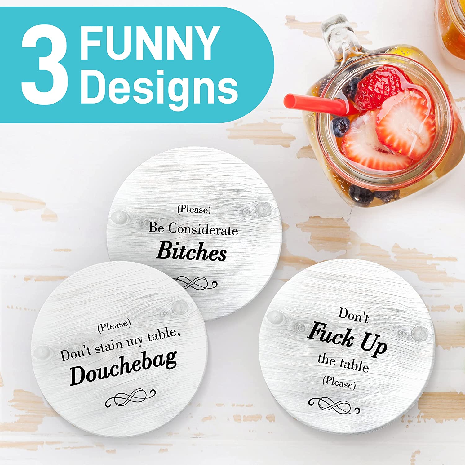 Funny Coasters Funny Drink Set with Holder, 6 Pieces - For Gifts, Home Decor, Bar Decorations