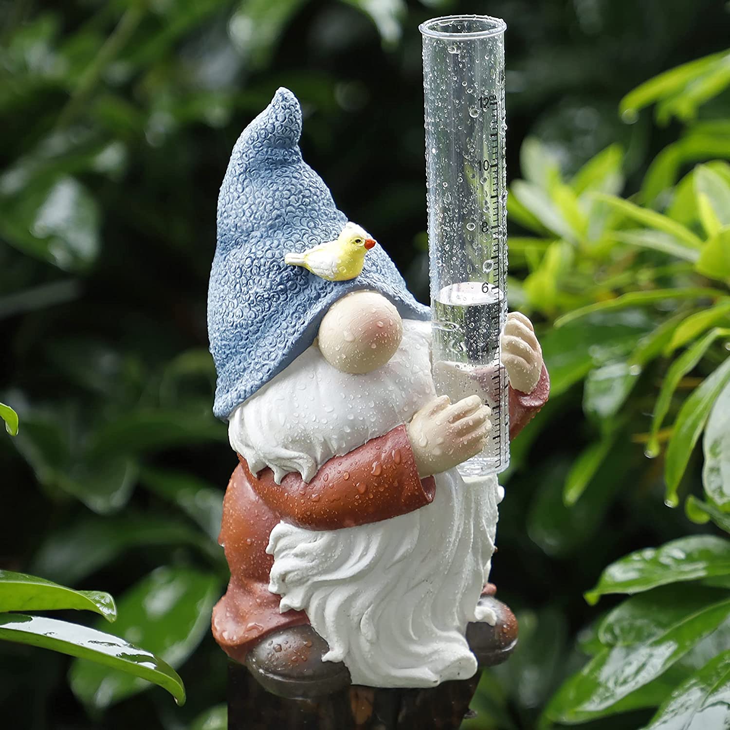 Garden Decor Resin Gnome Rain Gauges with a Plastic Rain Gauge