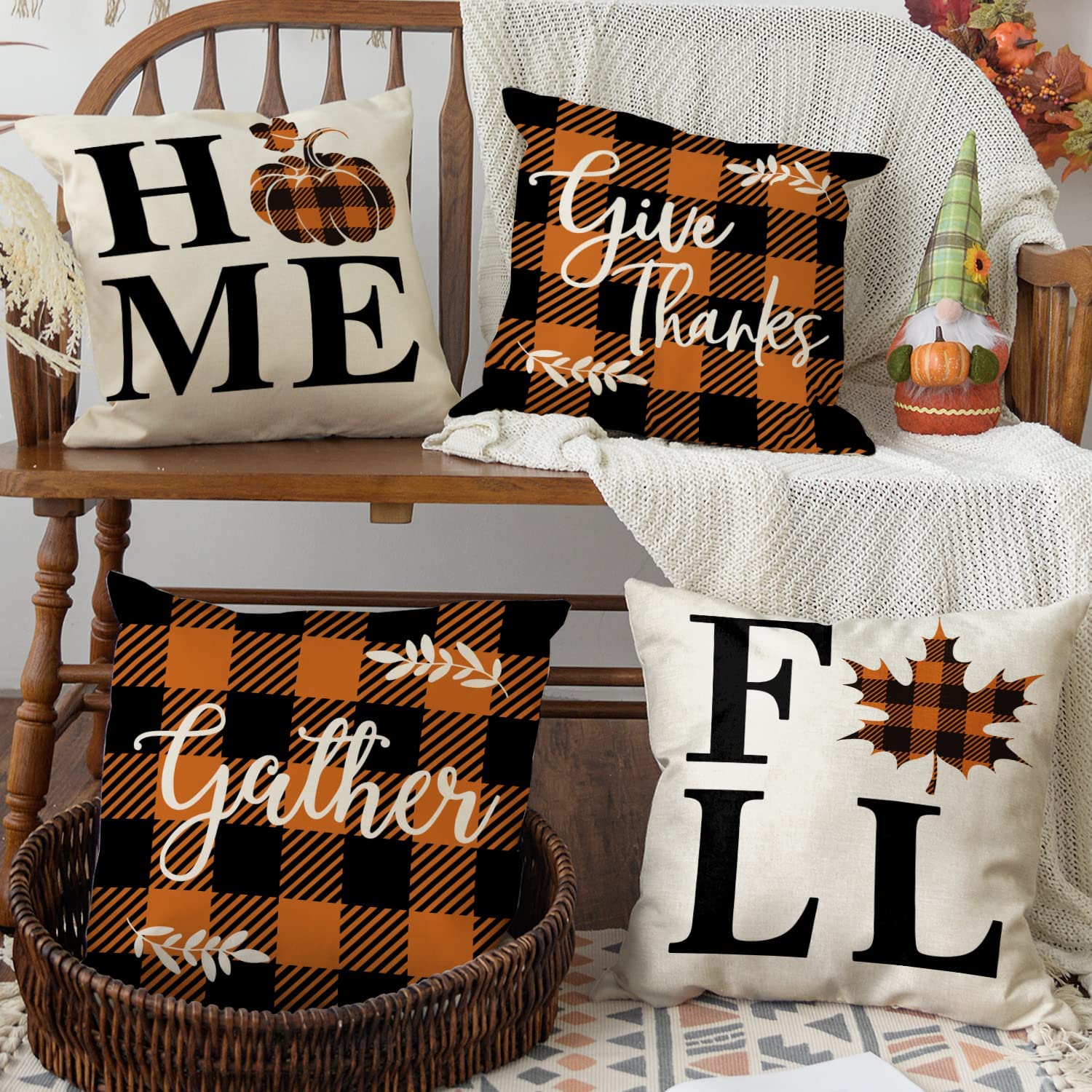 4 Pieces Maple Leaf Pumpkin Fall Buffalo Check Plaid Pillow Cases 18 x 18 Inches