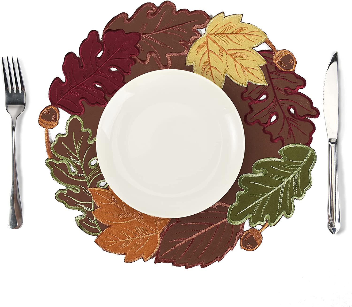 Set of 4 15" Table Placemats Fall Leaf Thanksgiving Doilies with Cutwork Applique Embroidery on Border