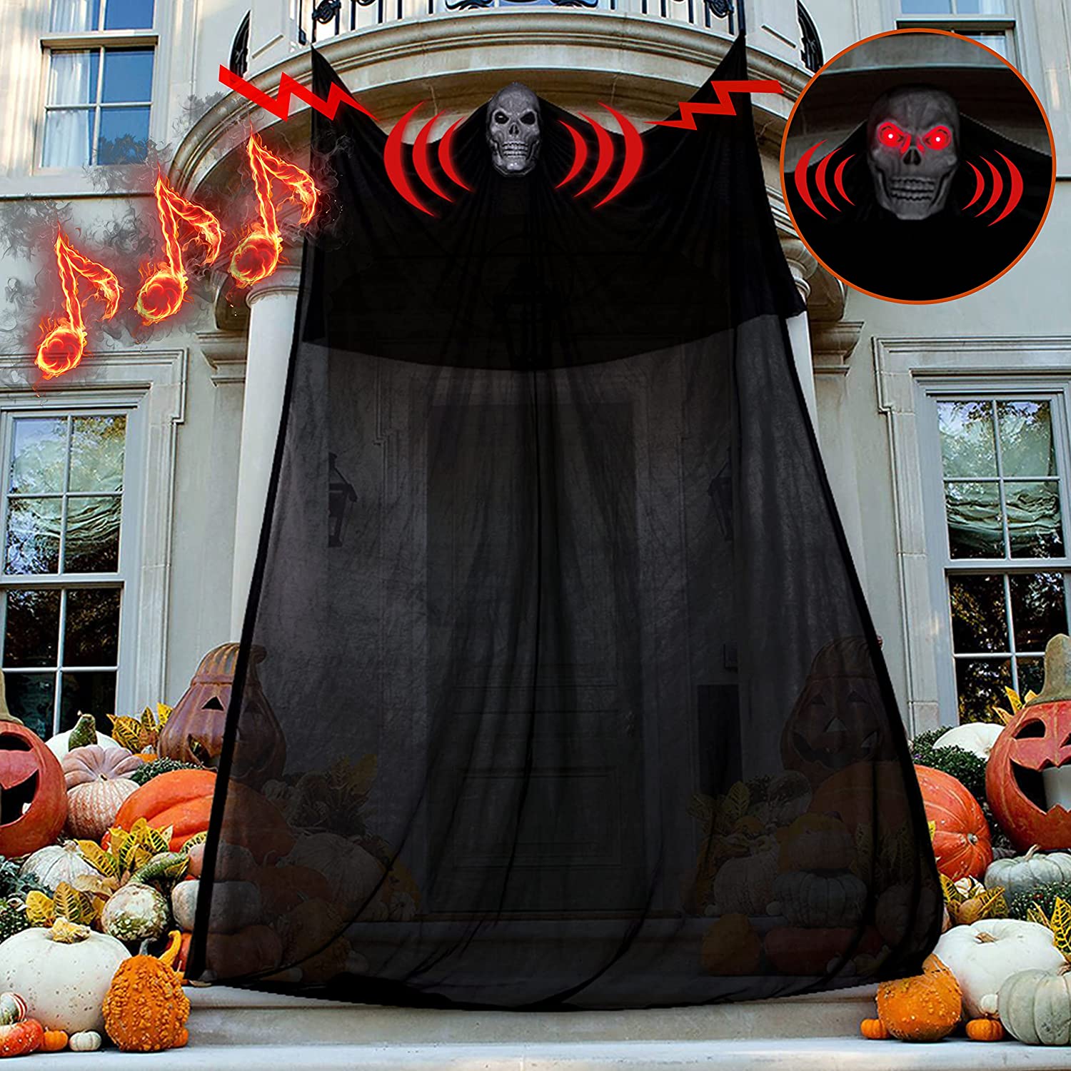 Hanging Halloween Ghost Decorations with LED Light-up Red Eyes & Voice Indoor Outdoor Decor