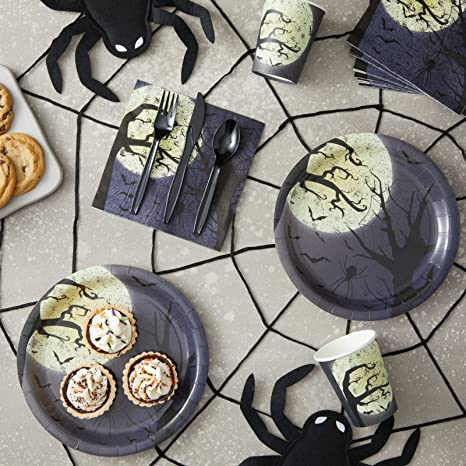 Halloween Disposable Tableware Full Moon, Pape Plates, Napkins, Cups, Cutlery (Serves 24)