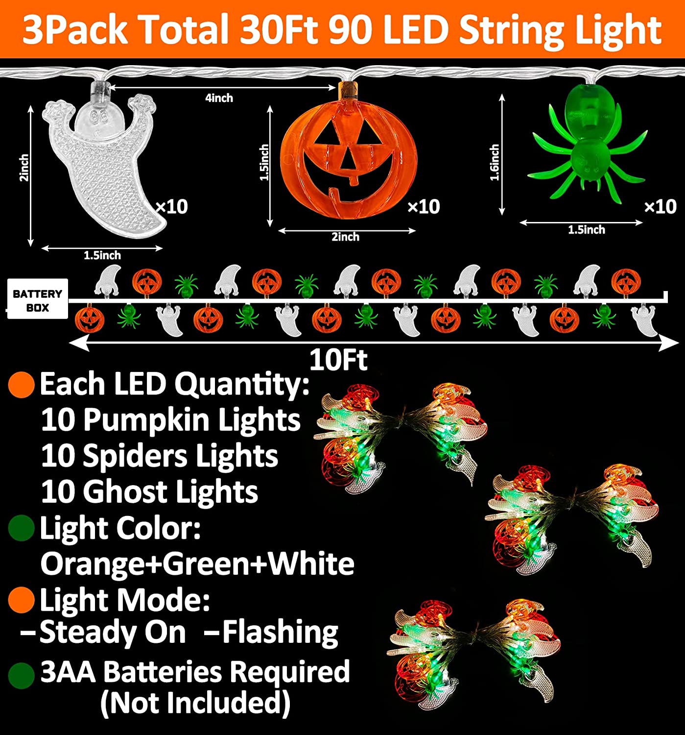 3 Pack Halloween Lights 30Ft 90 LED, 3 in 1 Ghost Pumpkin and Spider String Lights (Each 30LED 10FT)